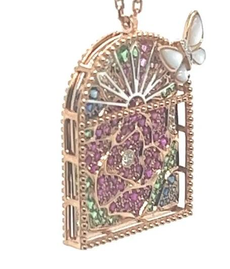 Multi-Gem & Sapphire Ruby Diamond Nature Floral Butterfly Gold Pendant Necklace