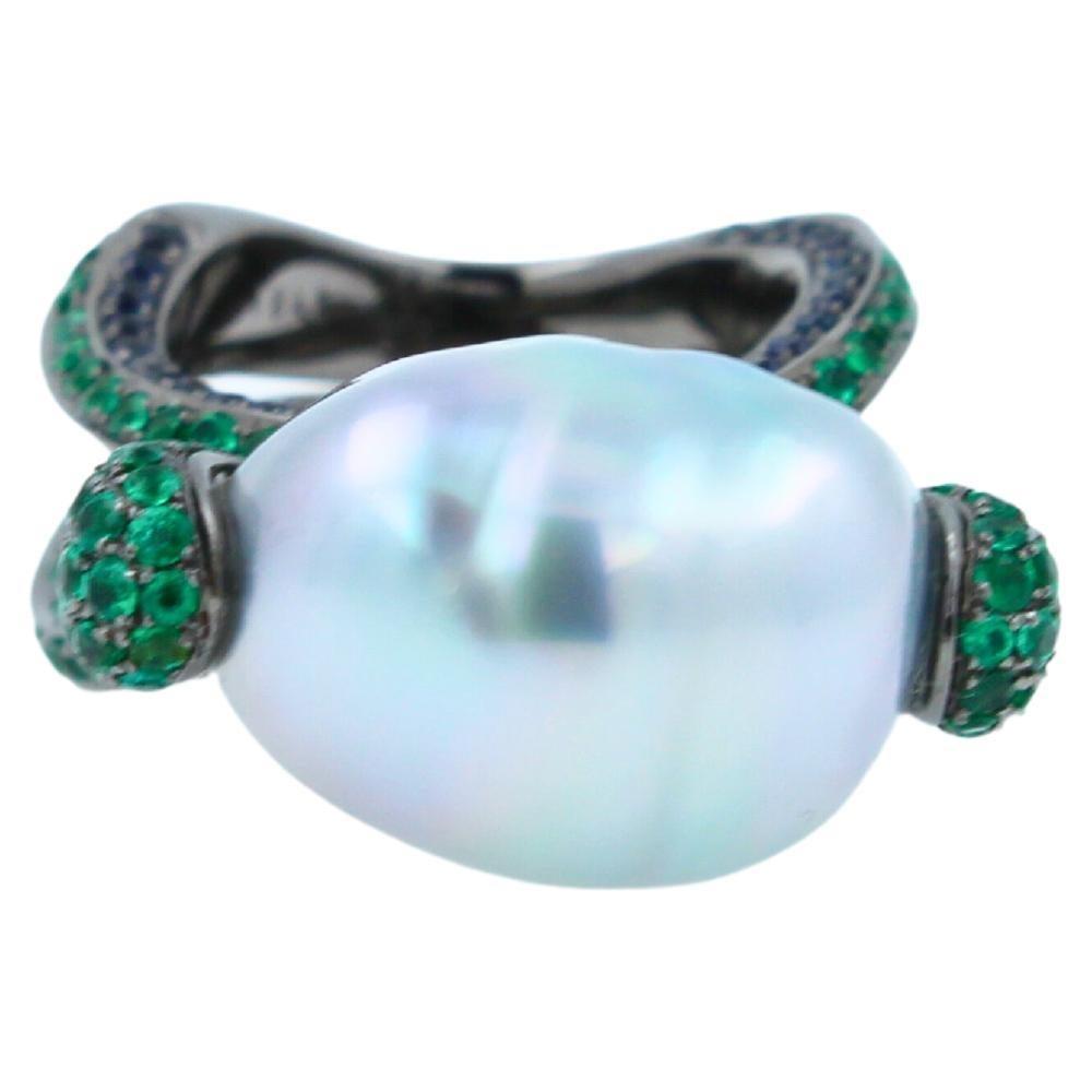 Silvery White Iridescent South Sea Pearl Emerald Diamond Sapphire 18k Gold Ring