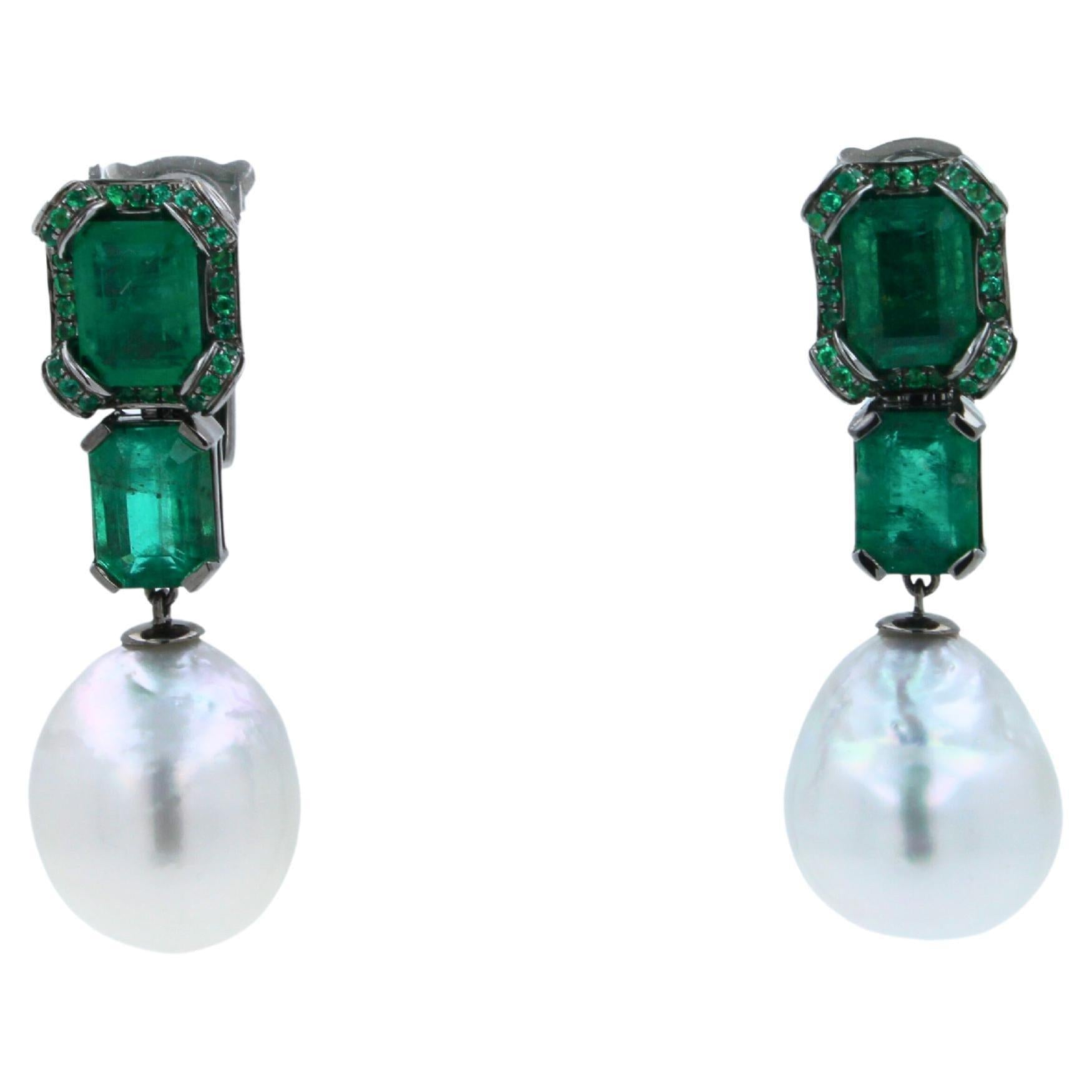 Silvery White South Sea Pearl Drop Emerald Pave 18k White Black Gold Earrings