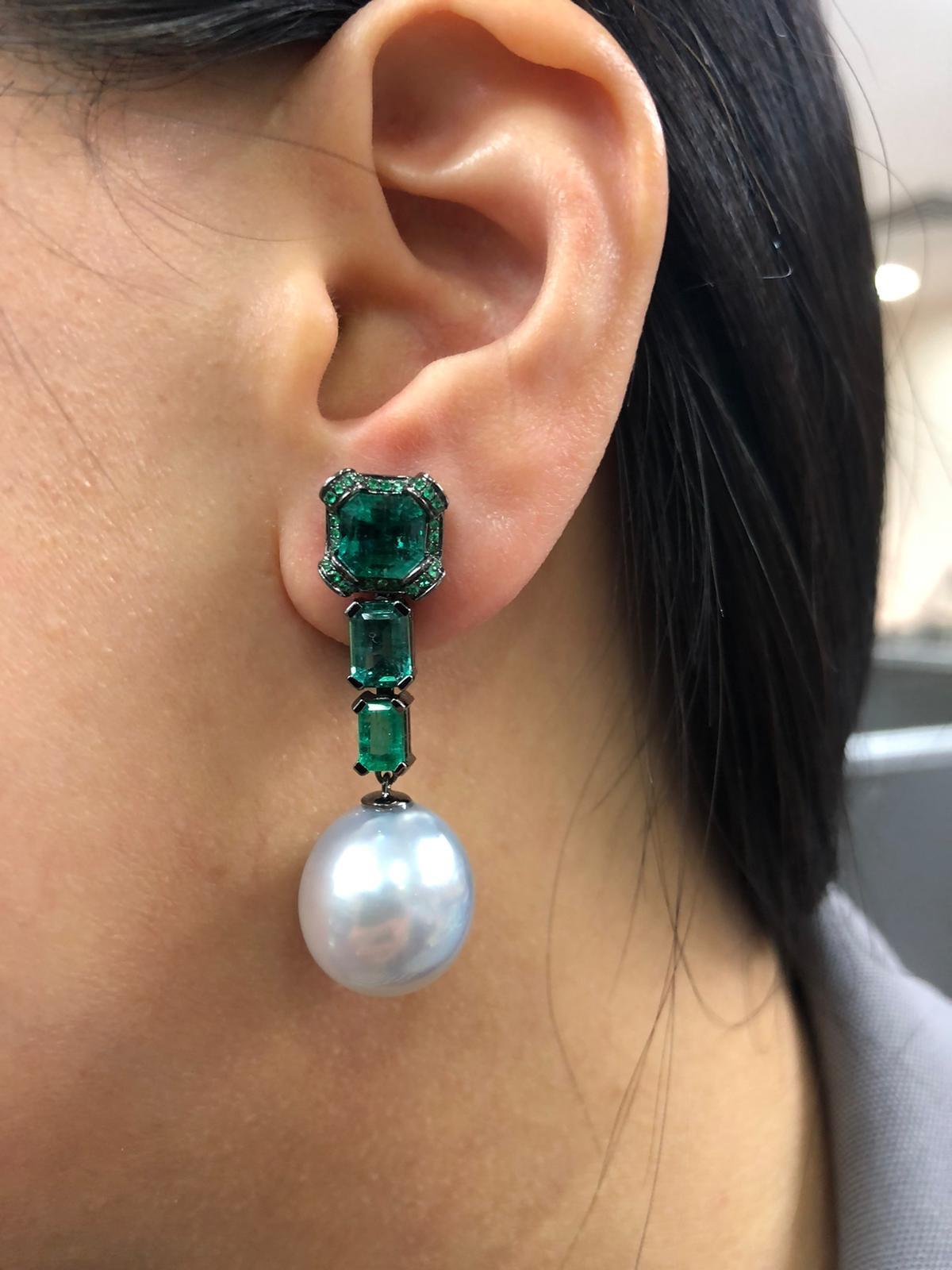 Silvery White South Sea Pearl Drop Emerald Pave 18k White Black Gold Earrings