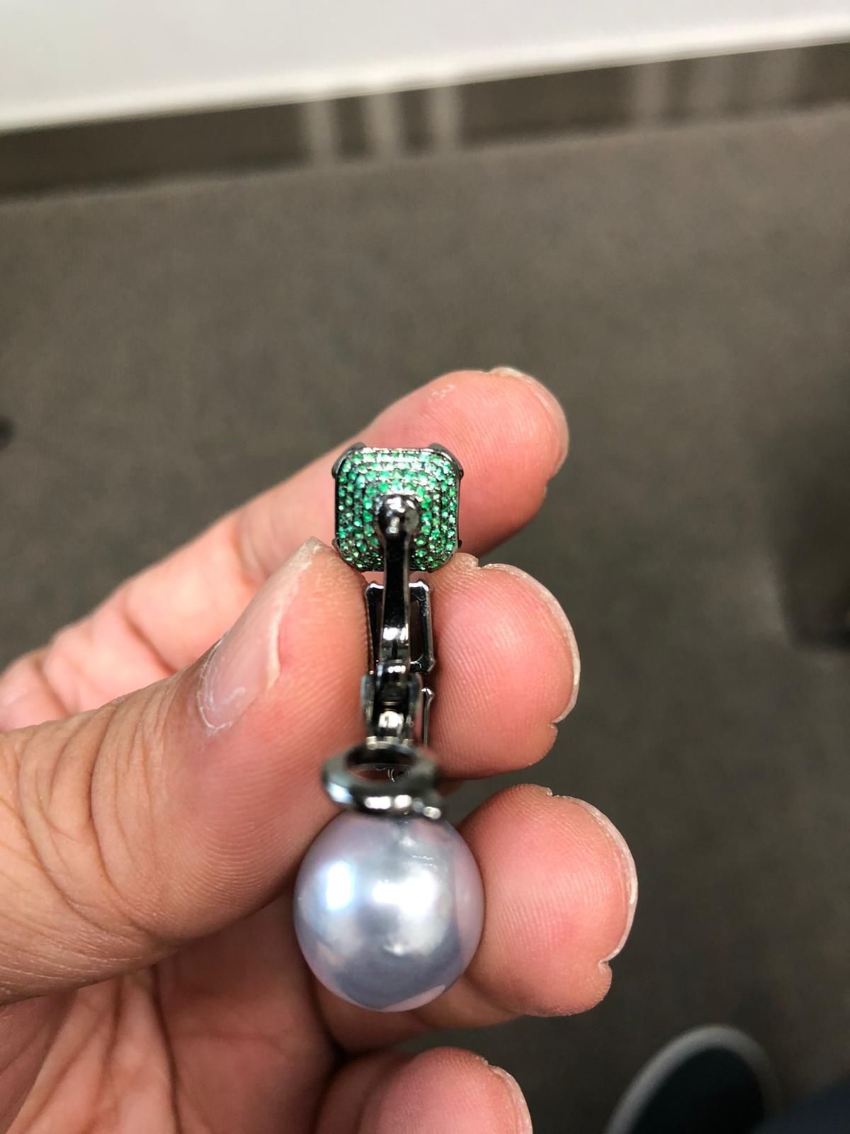 Silvery White South Sea Pearl Drop Emerald Pave 18k White Black Gold Earrings