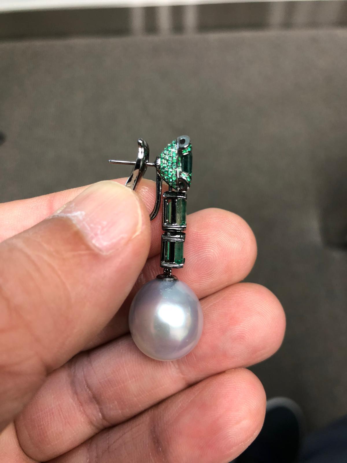 Silvery White South Sea Pearl Drop Emerald Pave 18k White Black Gold Earrings