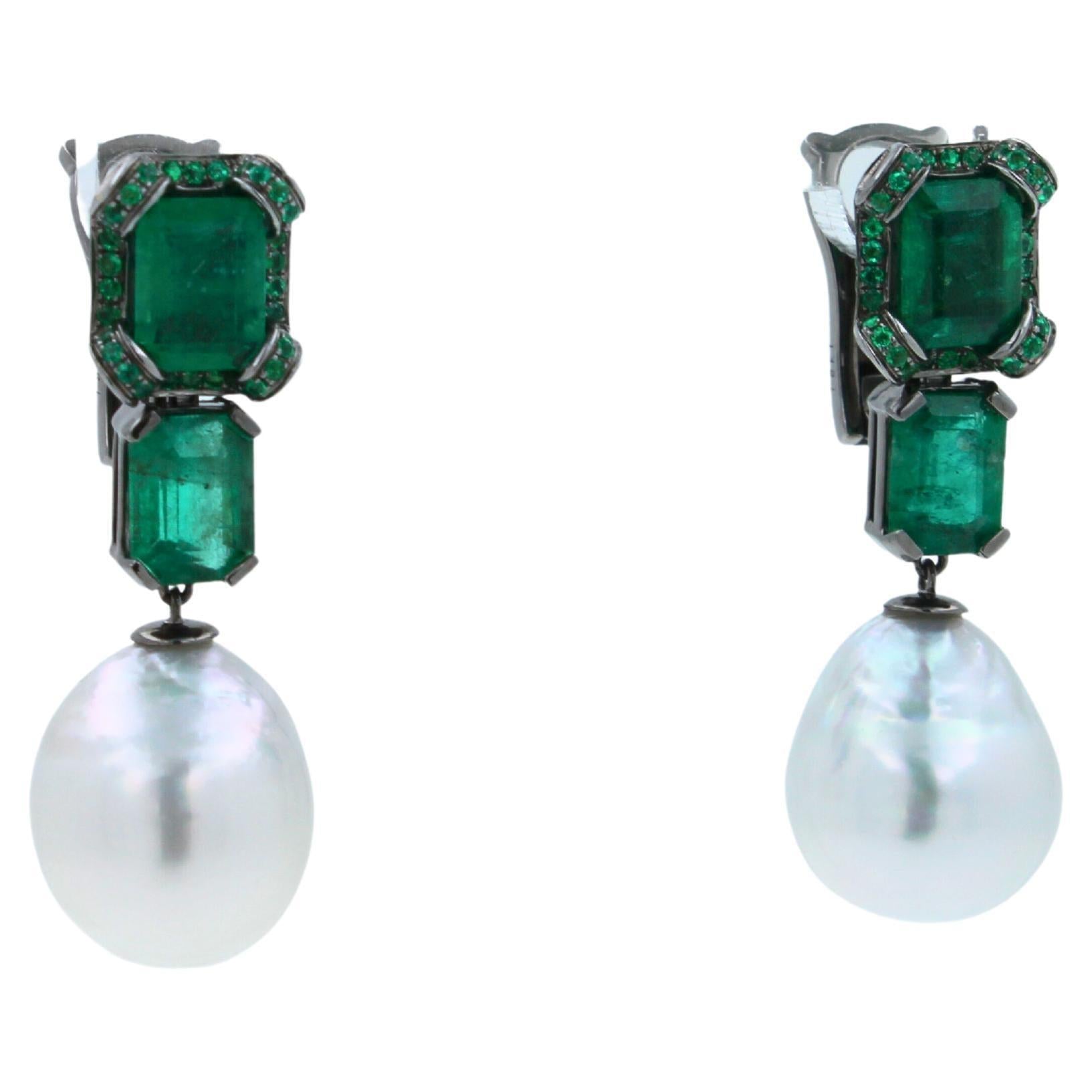 Silvery White South Sea Pearl Drop Emerald Pave 18k White Black Gold Earrings