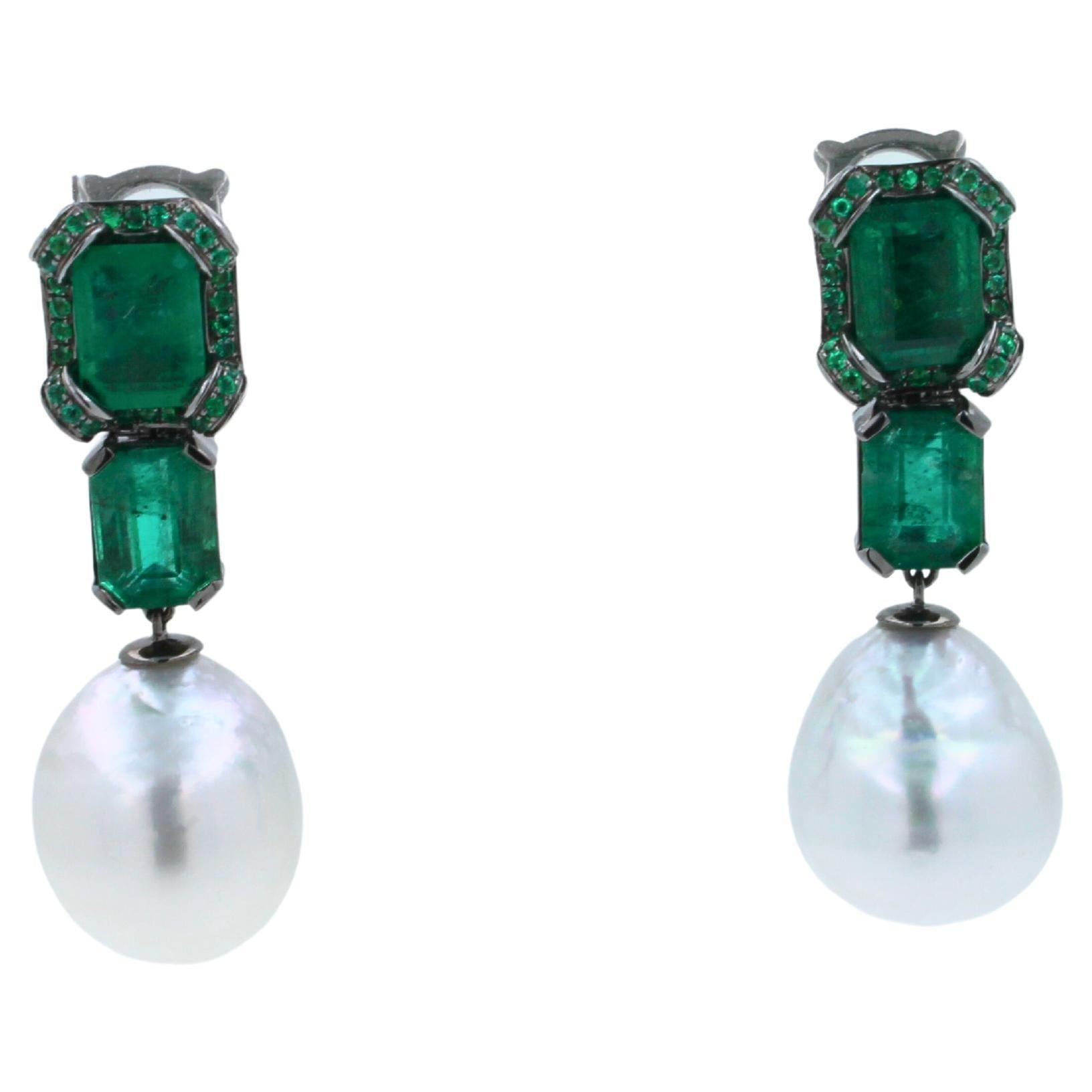 Silvery White South Sea Pearl Drop Emerald Pave 18k White Black Gold Earrings