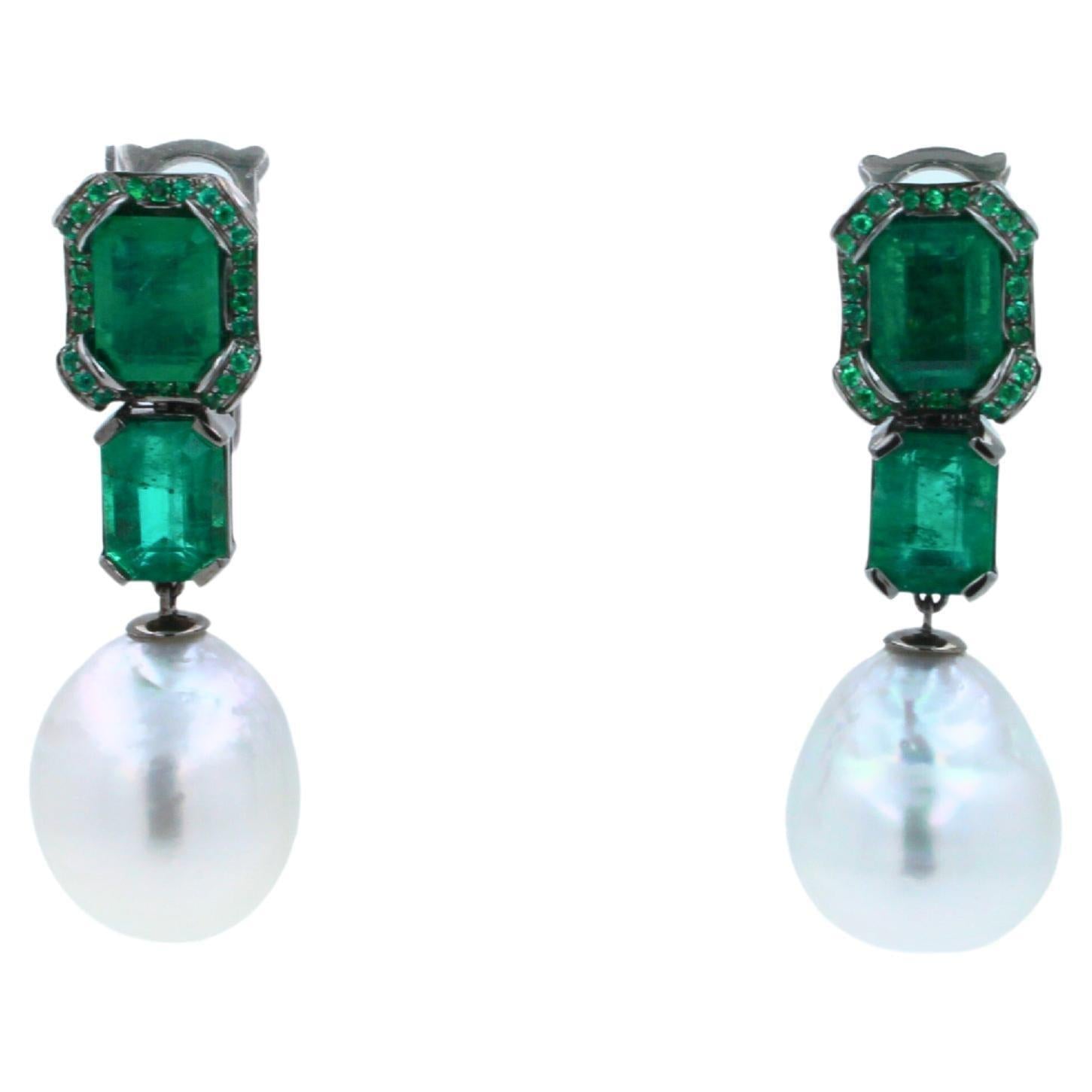 Silvery White South Sea Pearl Drop Emerald Pave 18k White Black Gold Earrings