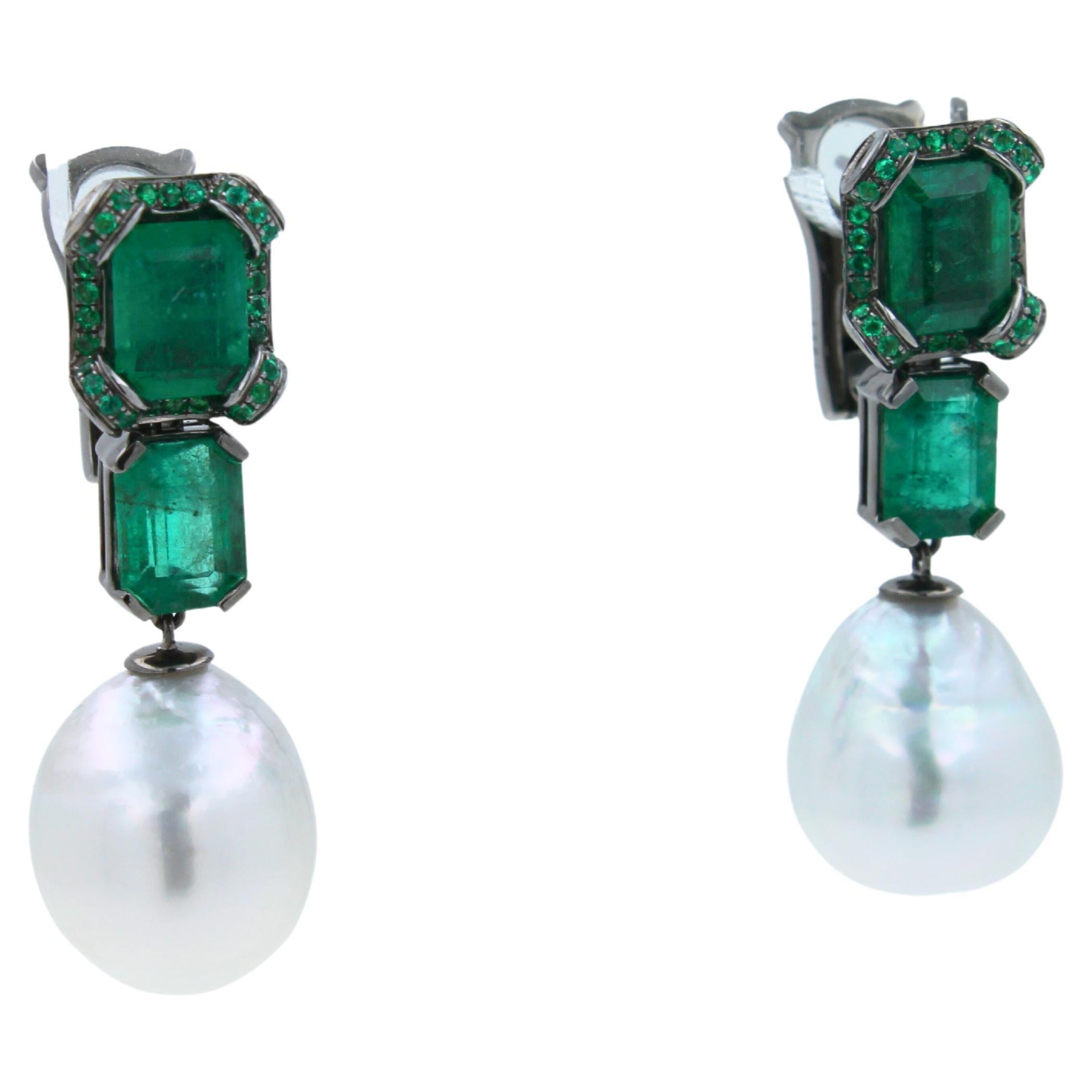 Silvery White South Sea Pearl Drop Emerald Pave 18k White Black Gold Earrings