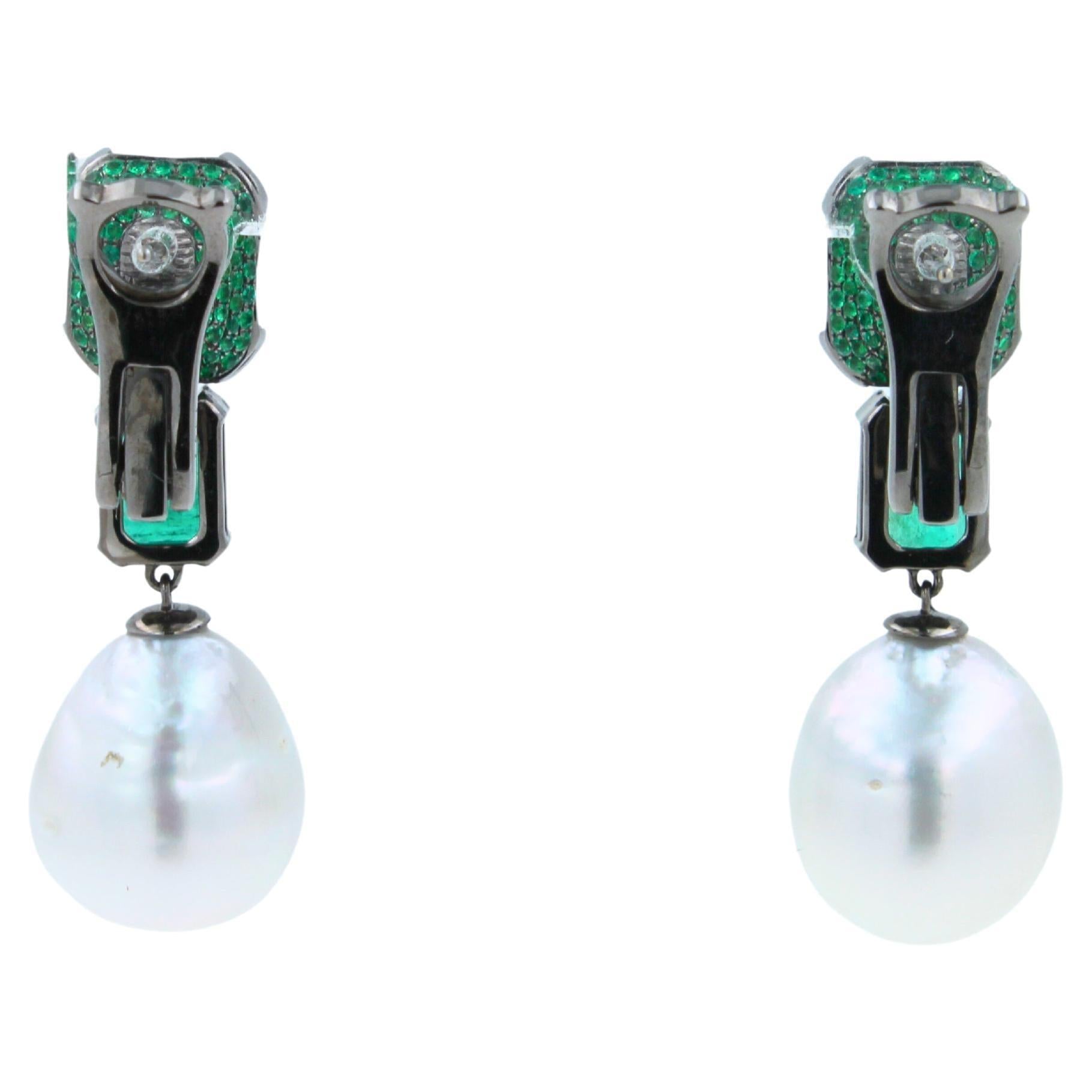 Silvery White South Sea Pearl Drop Emerald Pave 18k White Black Gold Earrings