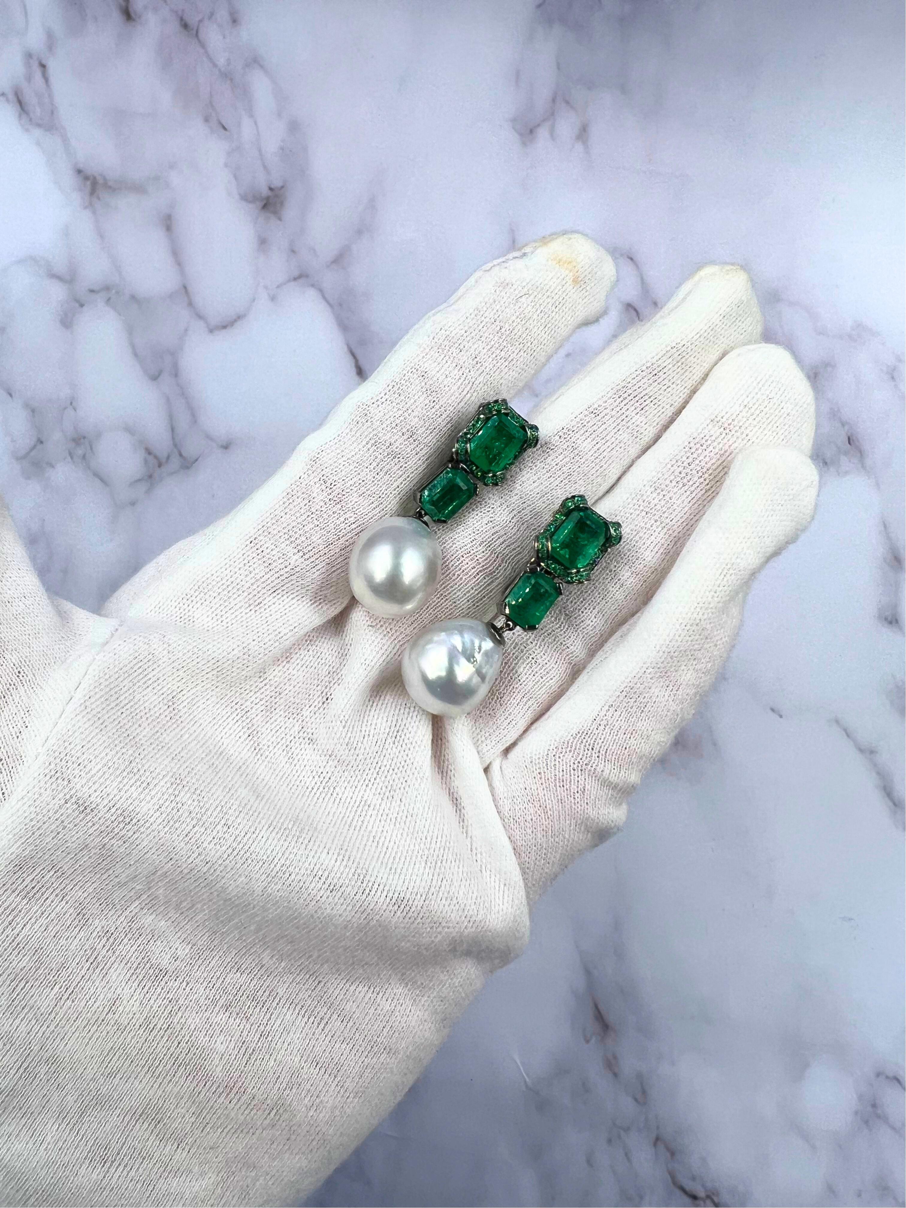 Silvery White South Sea Pearl Drop Emerald Pave 18k White Black Gold Earrings