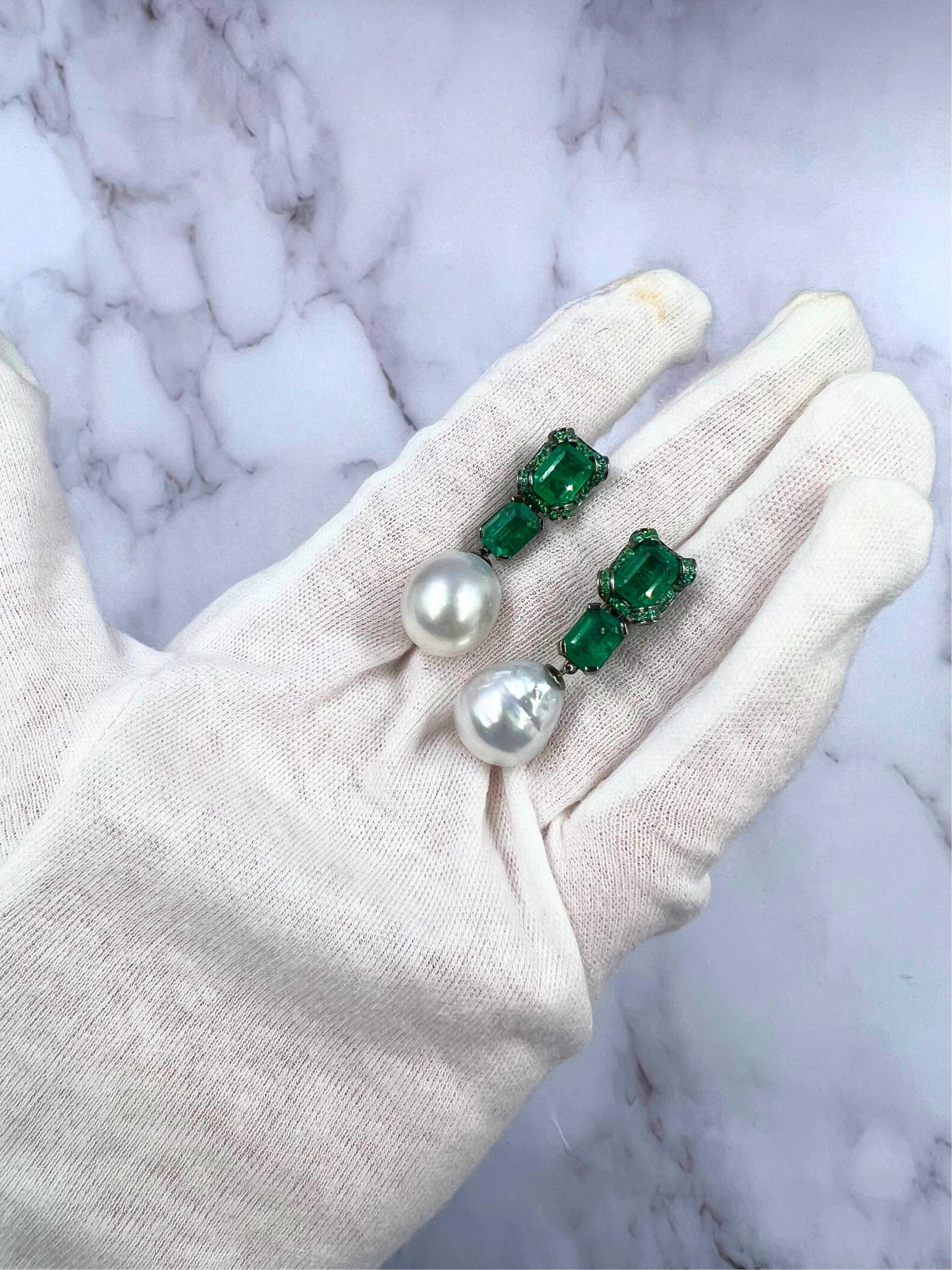 Silvery White South Sea Pearl Drop Emerald Pave 18k White Black Gold Earrings
