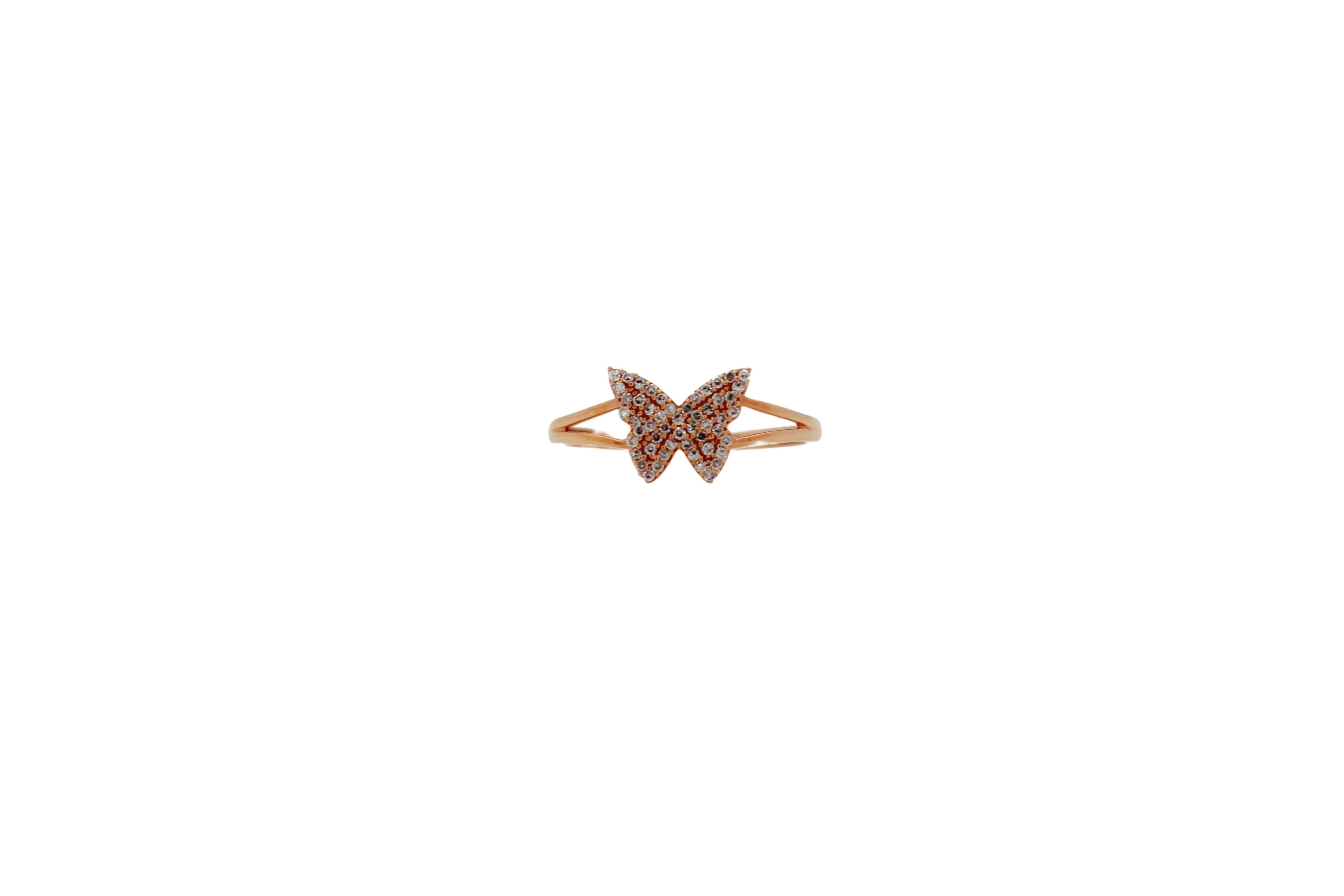 Small Butterfly Diamond Pave Set 18K Rose Gold Split Shank Ring