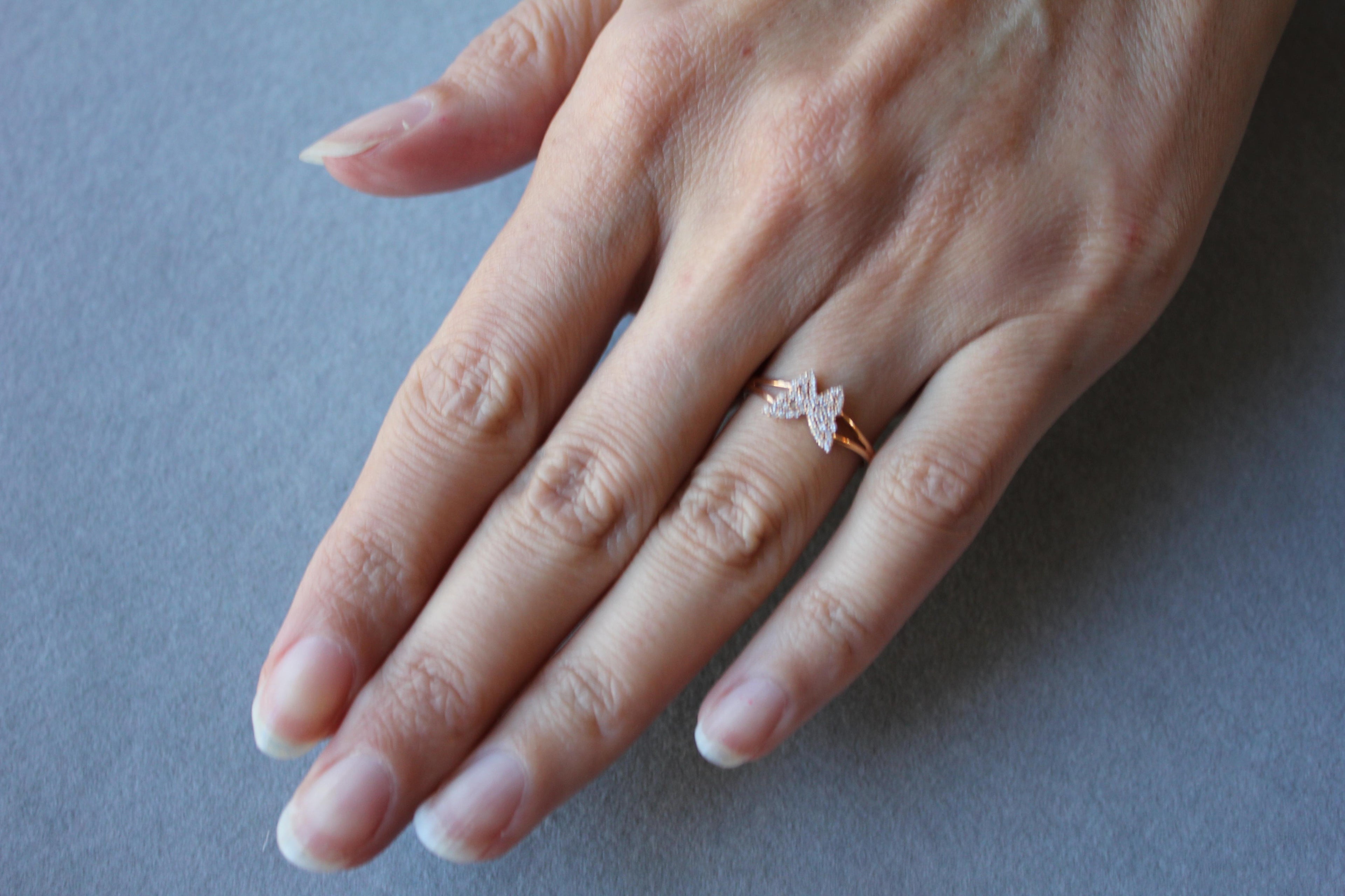 Small Butterfly Diamond Pave Set 18K Rose Gold Split Shank Ring