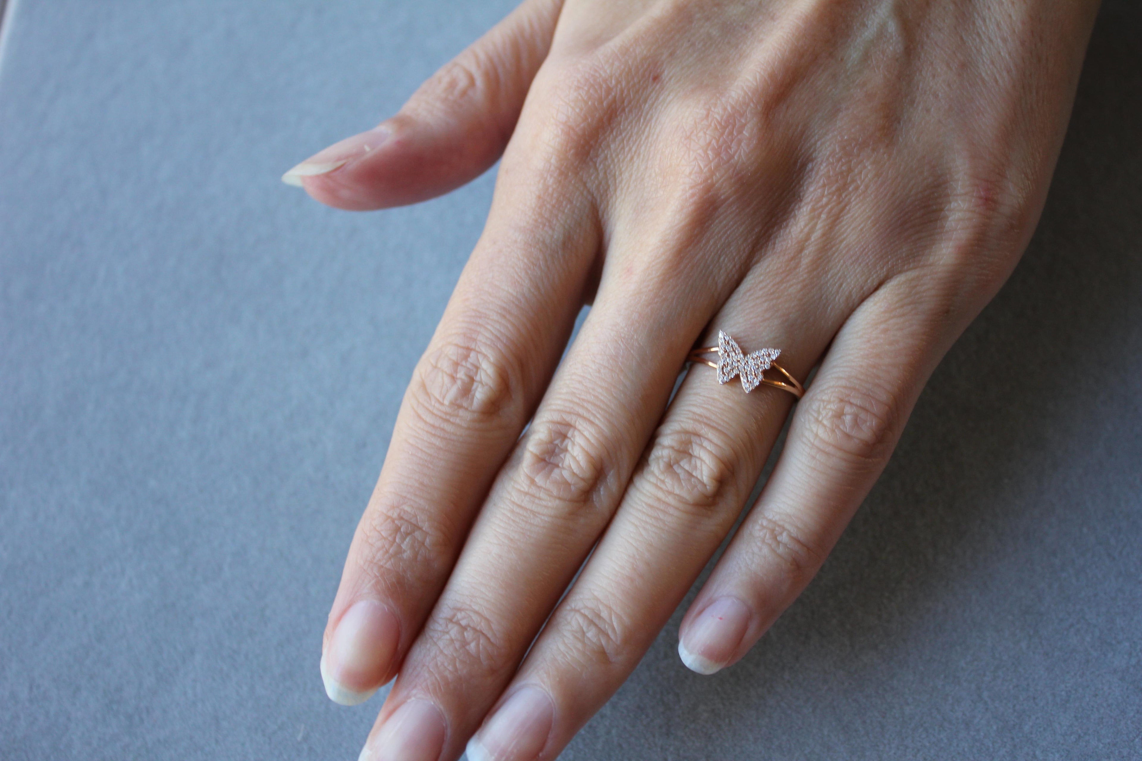 Small Butterfly Diamond Pave Set 18K Rose Gold Split Shank Ring