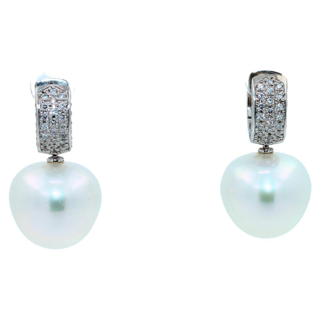 South Sea White Apple Cushion Pearl Diamond 18 Karat White Gold Pave Earrings