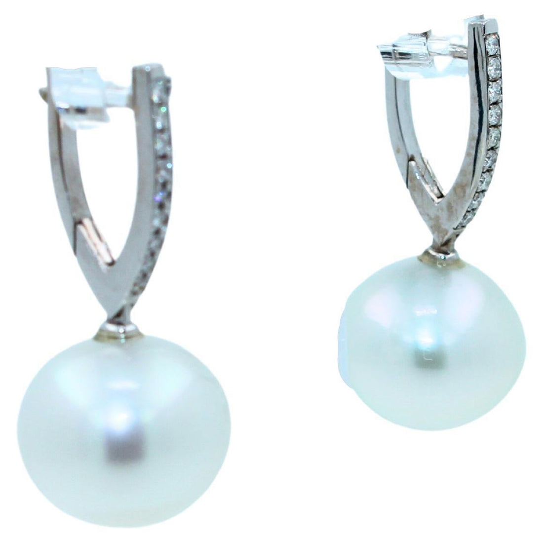 South Sea White Pearl Diamond 18 Karat White Gold Hinge Line Drop Hoop Earrings