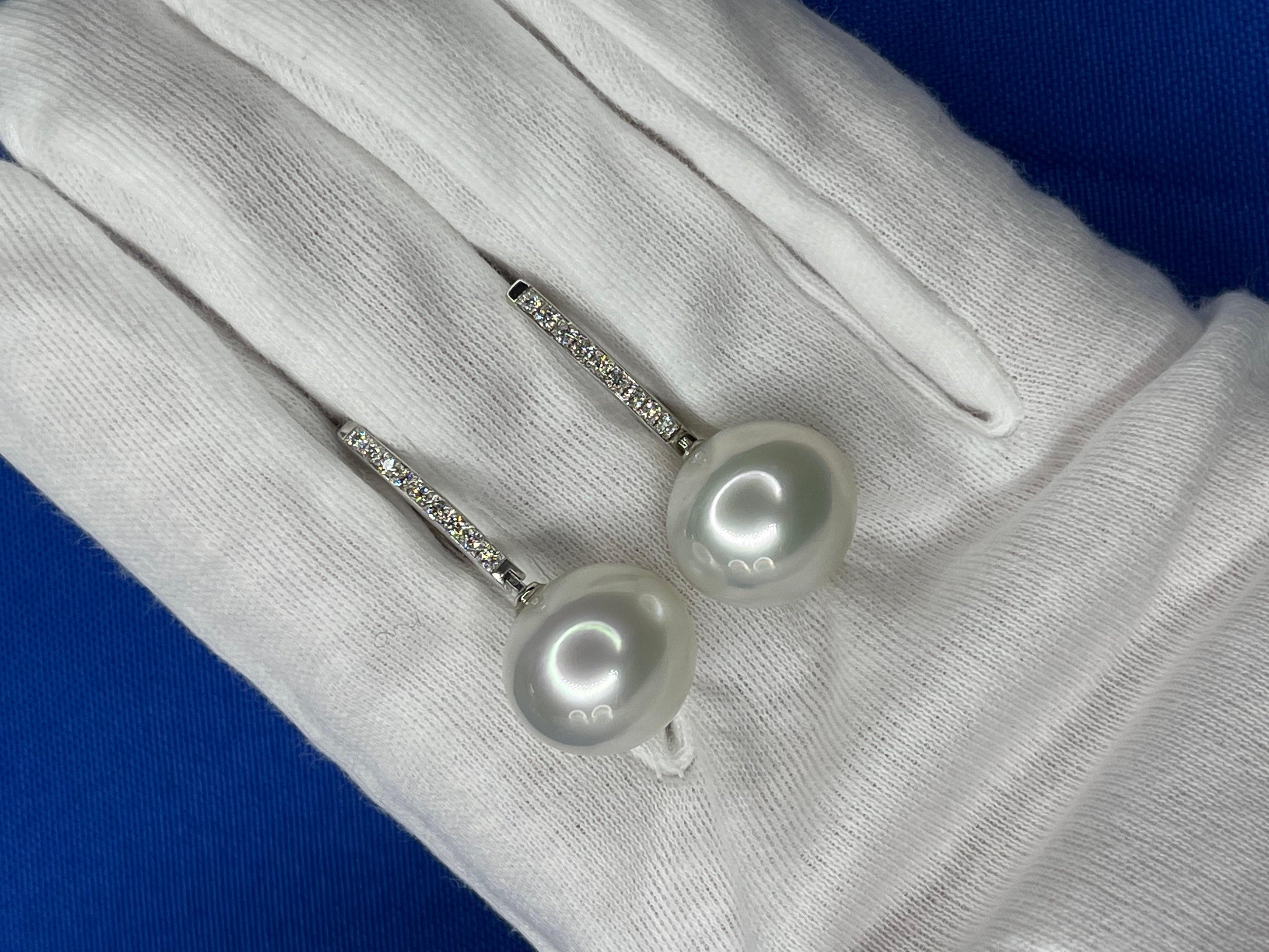 South Sea White Pearl Diamond 18 Karat White Gold Hinge Line Drop Hoop Earrings