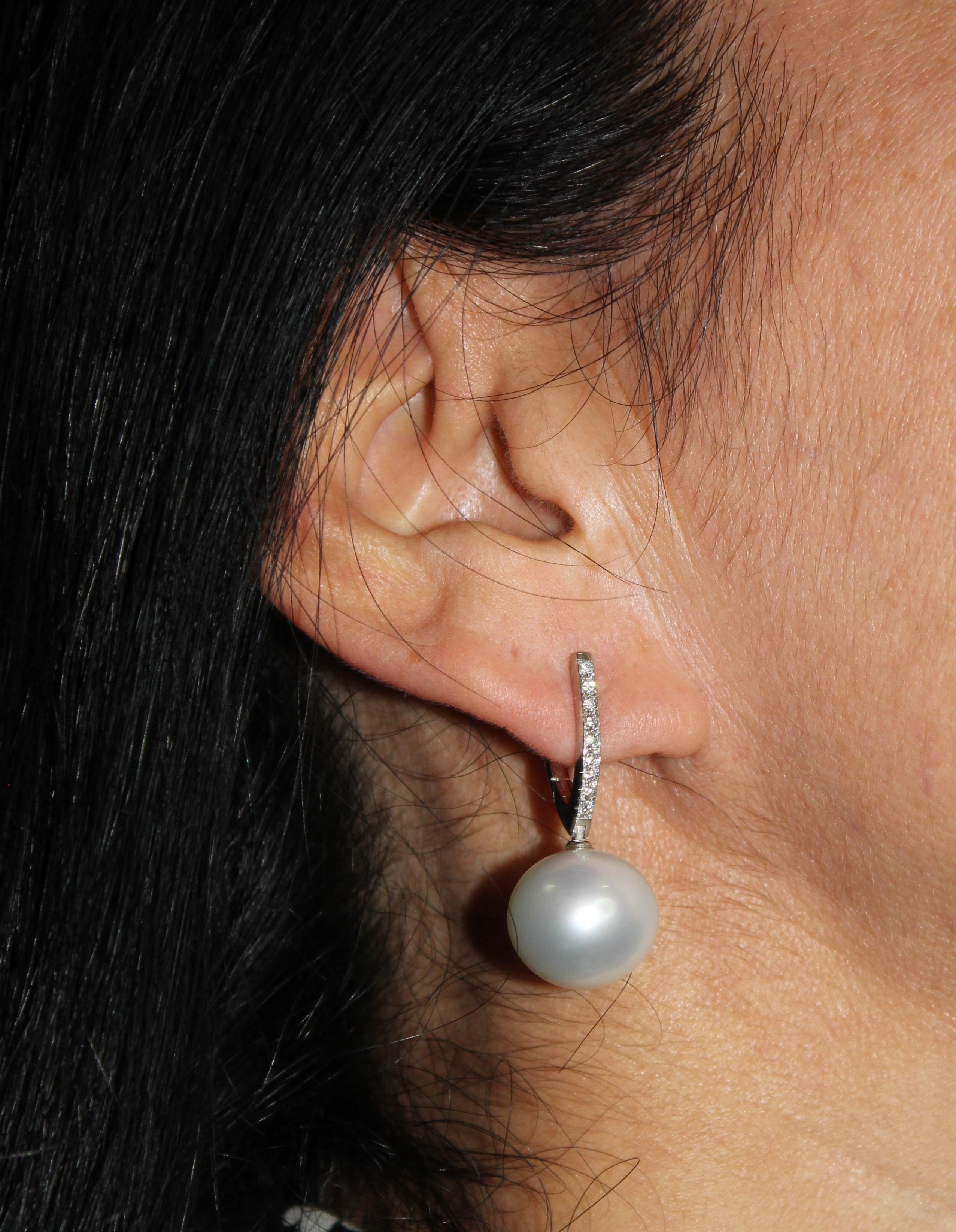 South Sea White Pearl Diamond 18 Karat White Gold Hinge Line Drop Hoop Earrings