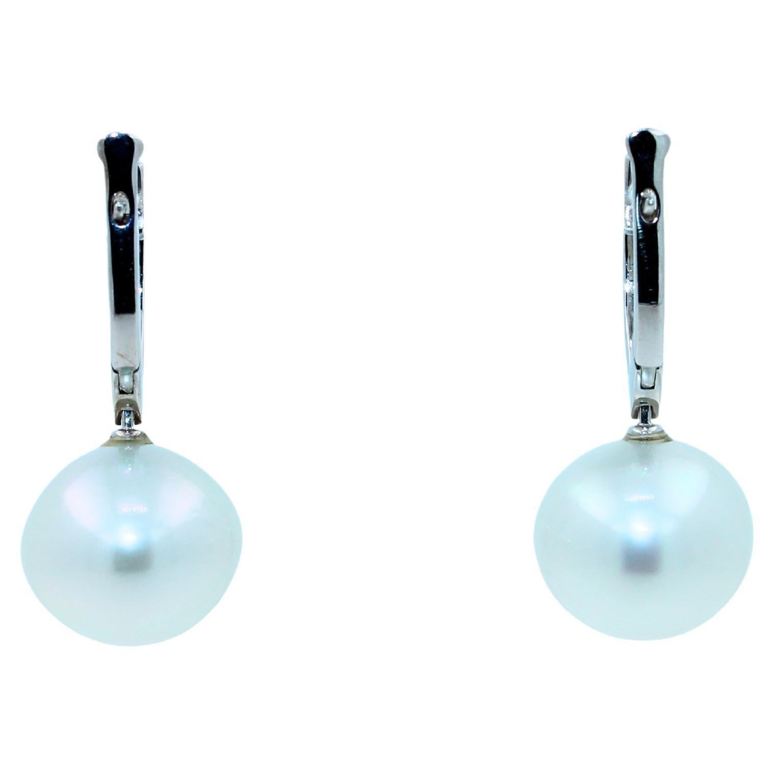 South Sea White Pearl Diamond 18 Karat White Gold Hinge Line Drop Hoop Earrings
