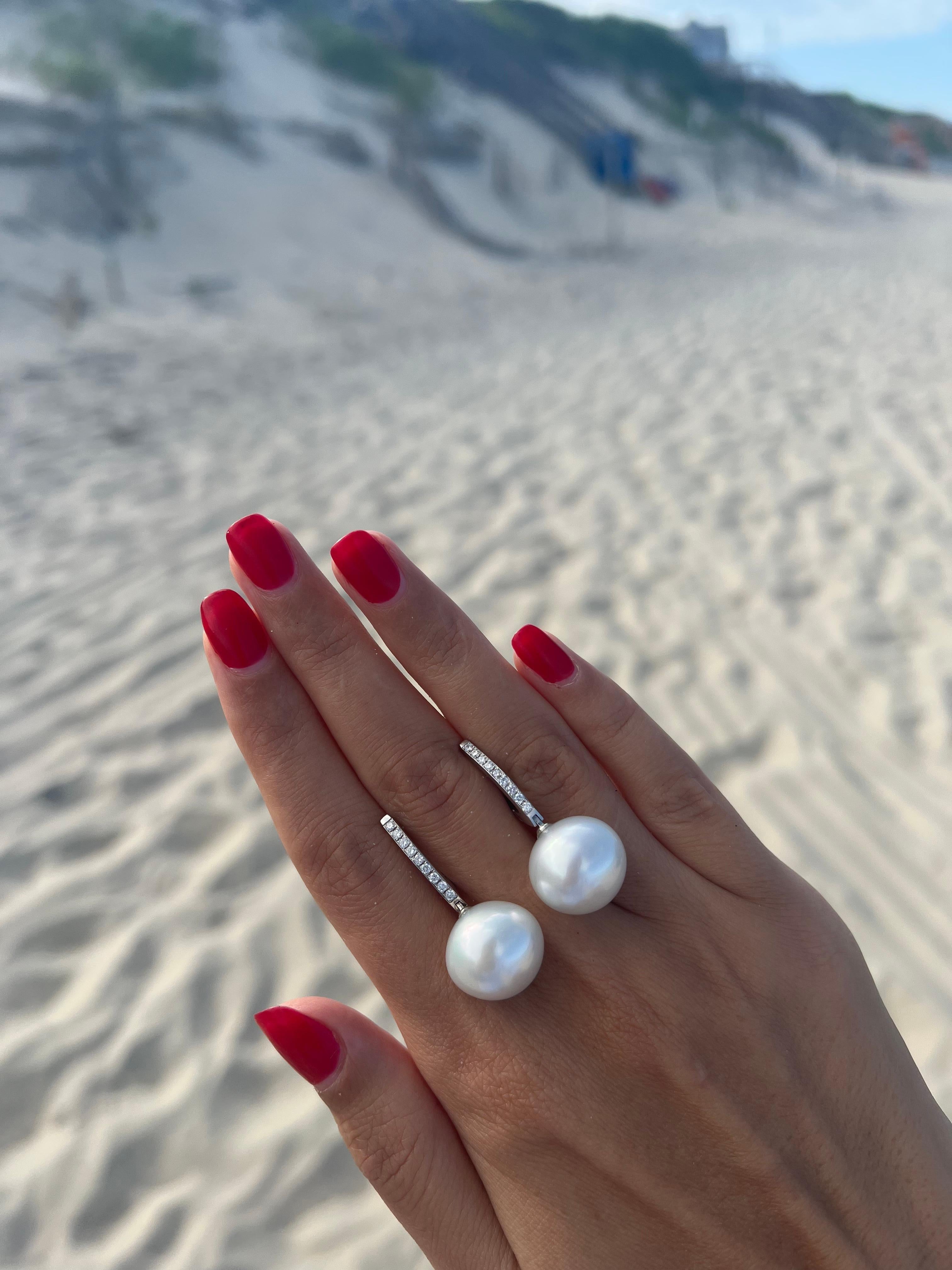 South Sea White Pearl Diamond 18 Karat White Gold Hinge Line Drop Hoop Earrings