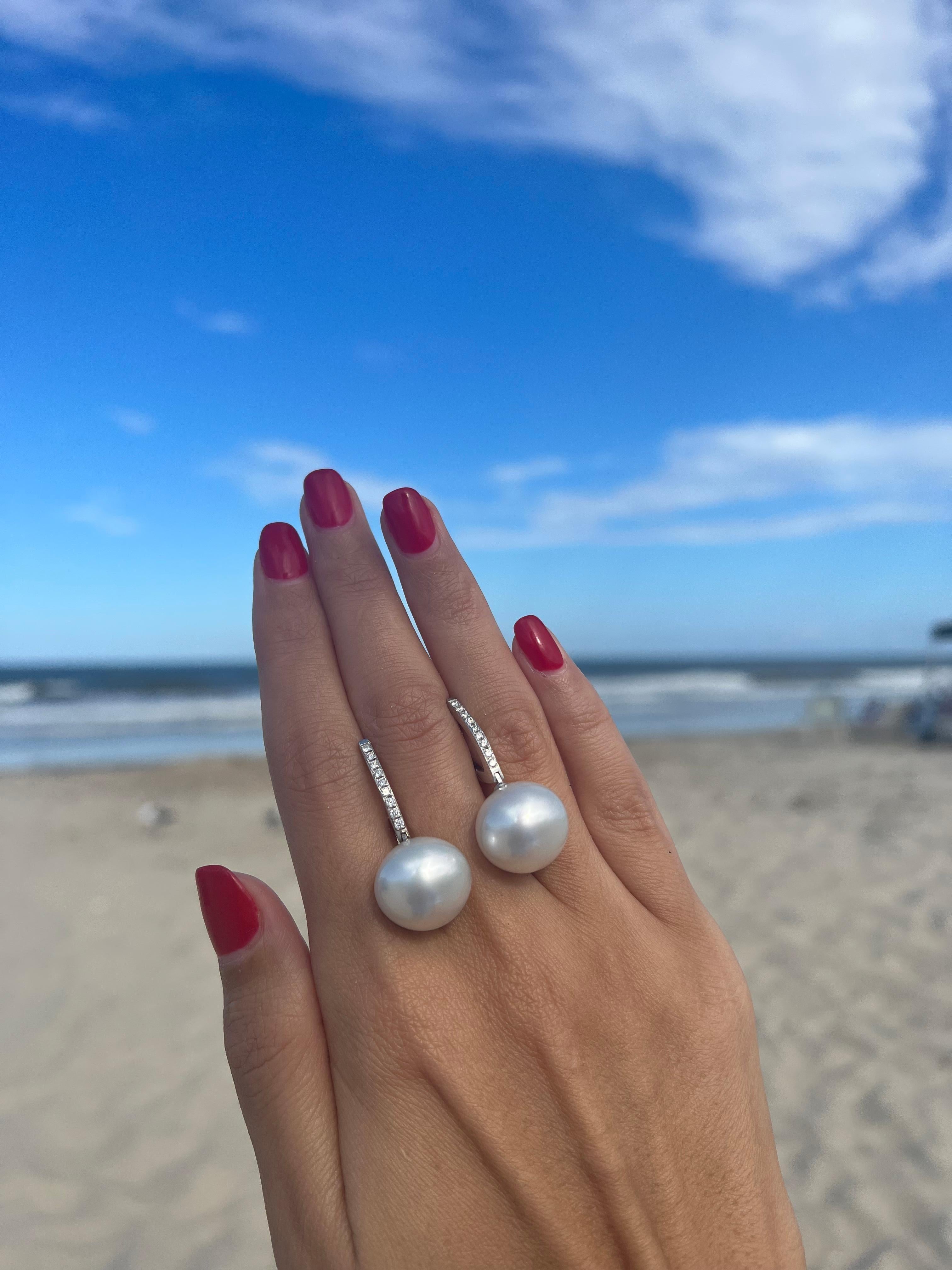 South Sea White Pearl Diamond 18 Karat White Gold Hinge Line Drop Hoop Earrings