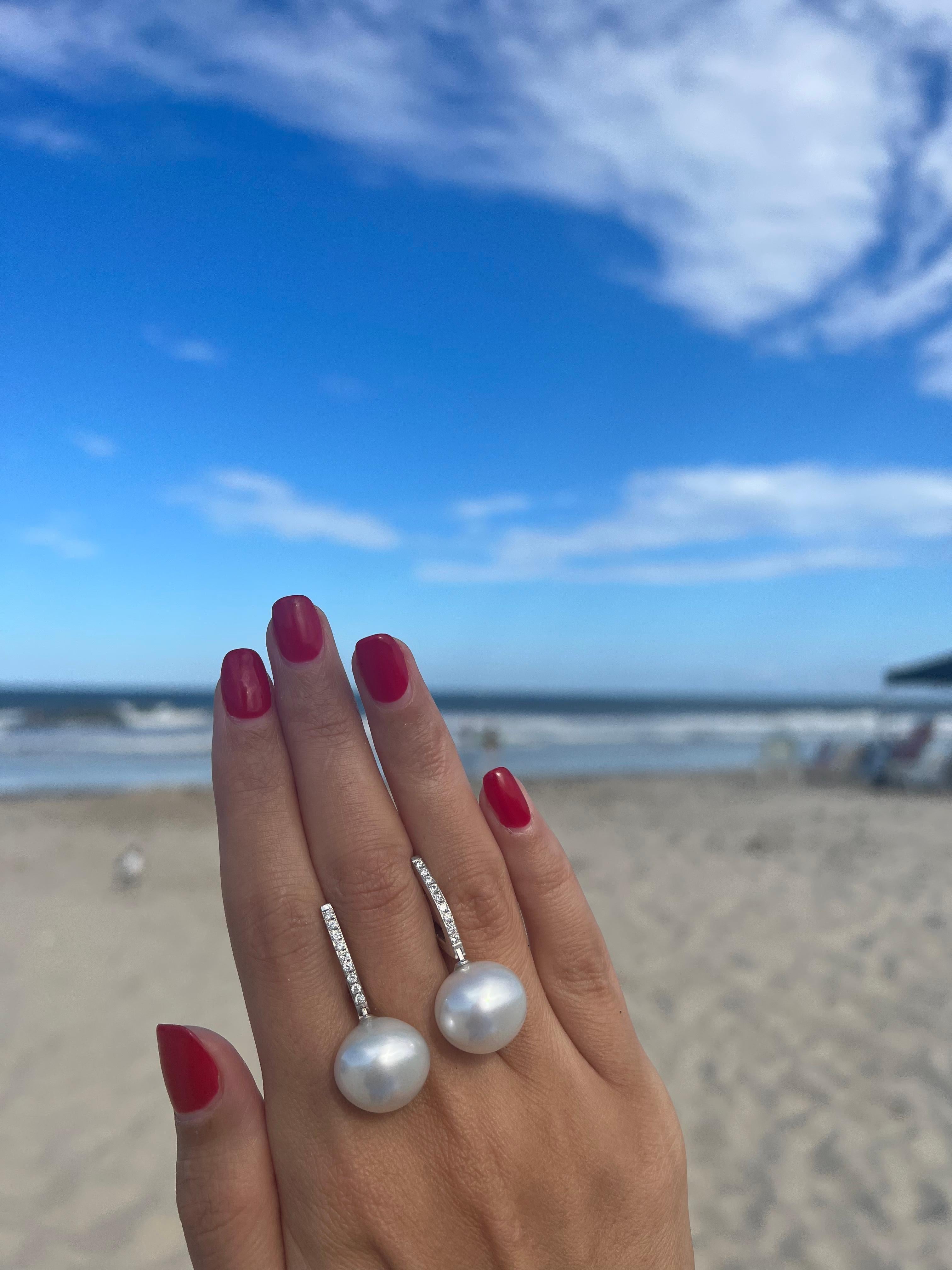 South Sea White Pearl Diamond 18 Karat White Gold Hinge Line Drop Hoop Earrings
