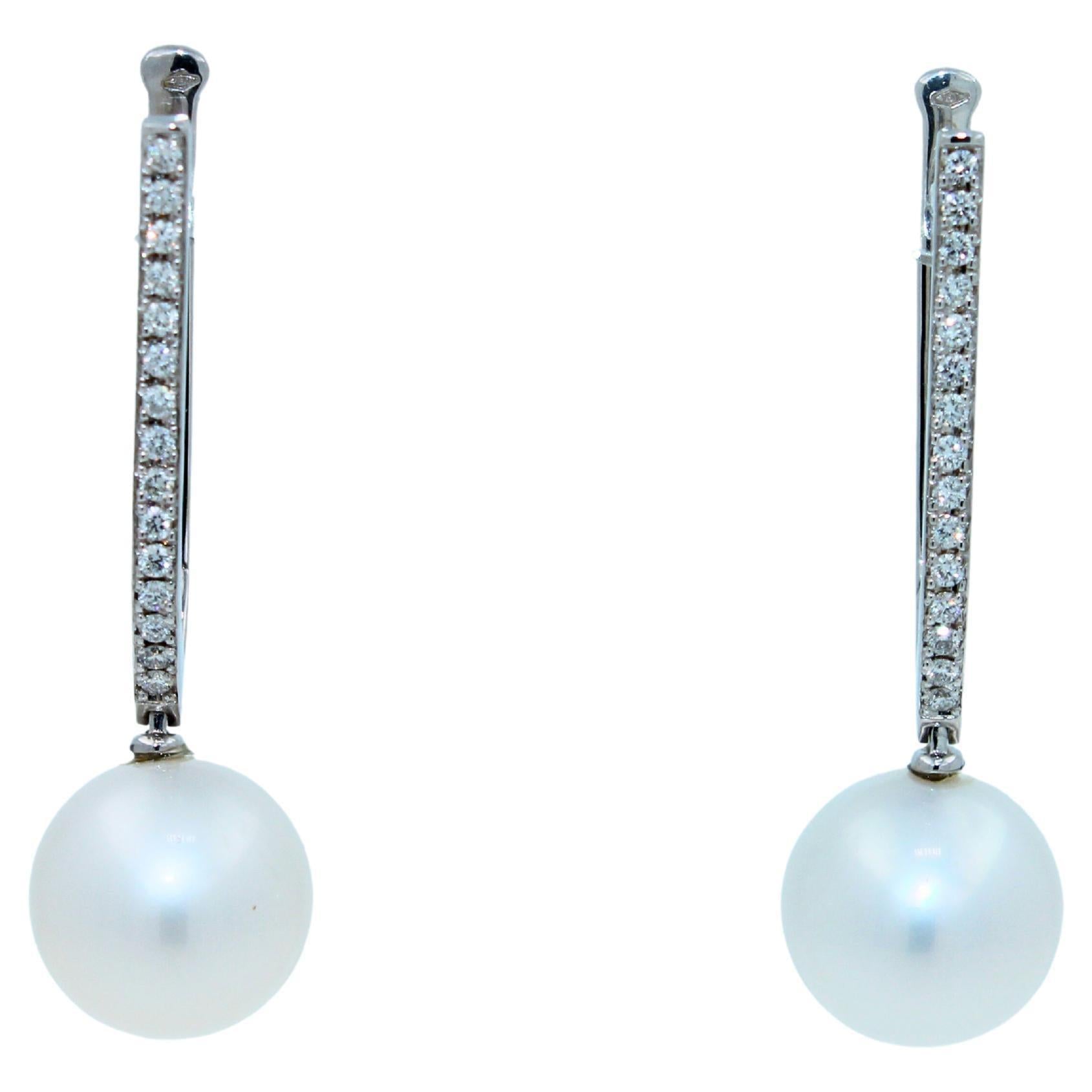South Sea White Pearl Diamond 18 Karat White Gold Hinge Line Drop Hoop Earrings