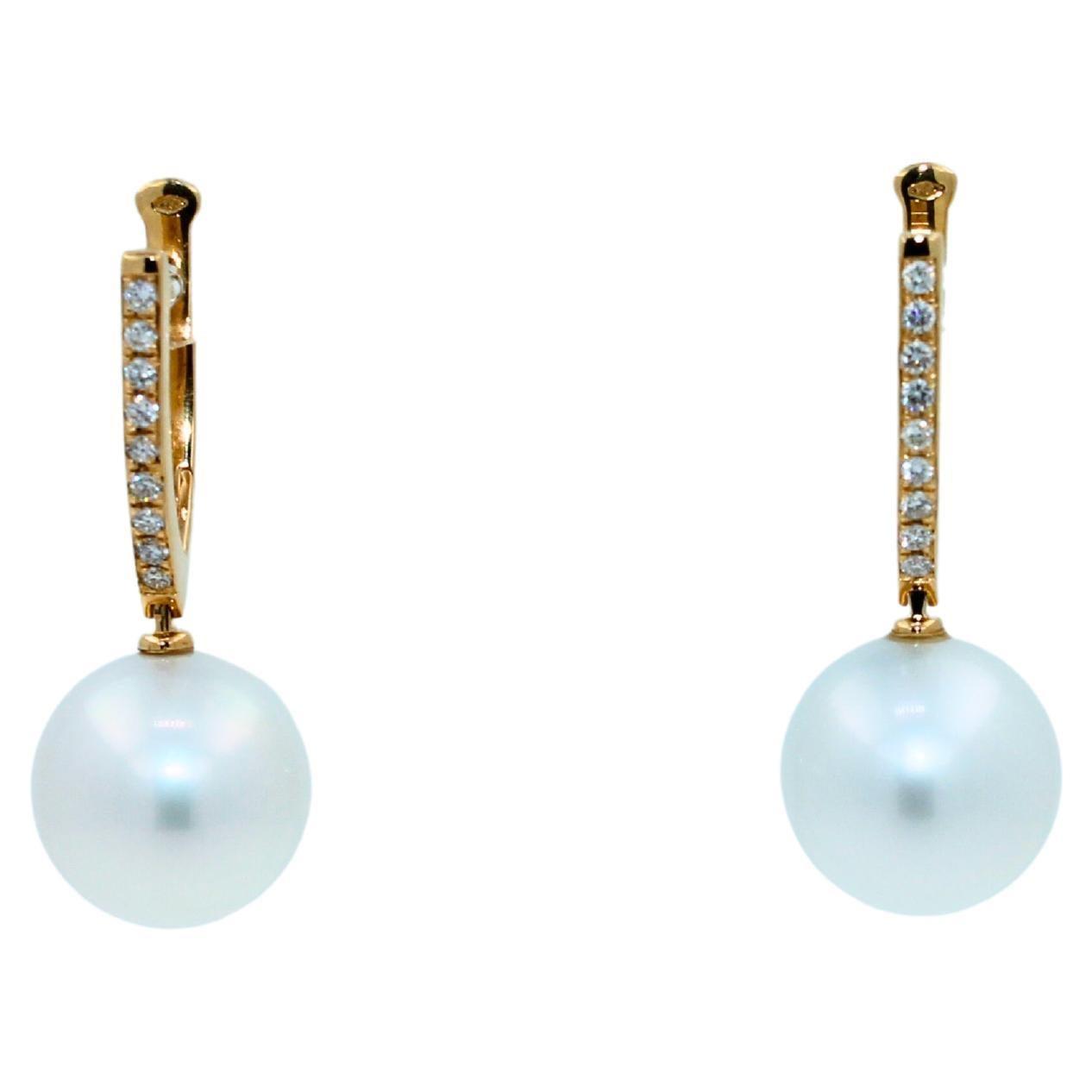 South Sea White Pearl Diamond 18 Karat Yellow Gold Hinge Line Drop Hoop Earrings