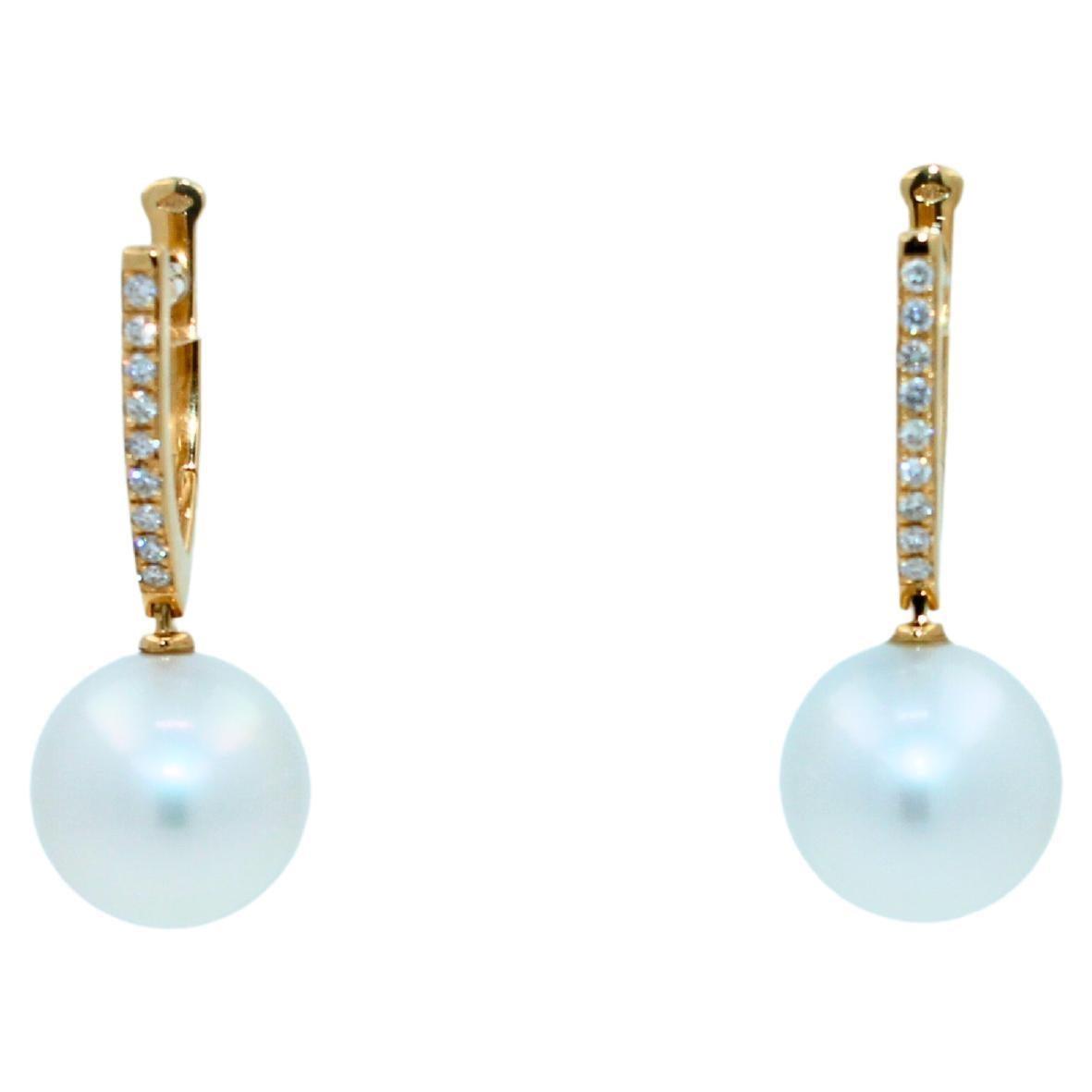 South Sea White Pearl Diamond 18 Karat Yellow Gold Hinge Line Drop Hoop Earrings
