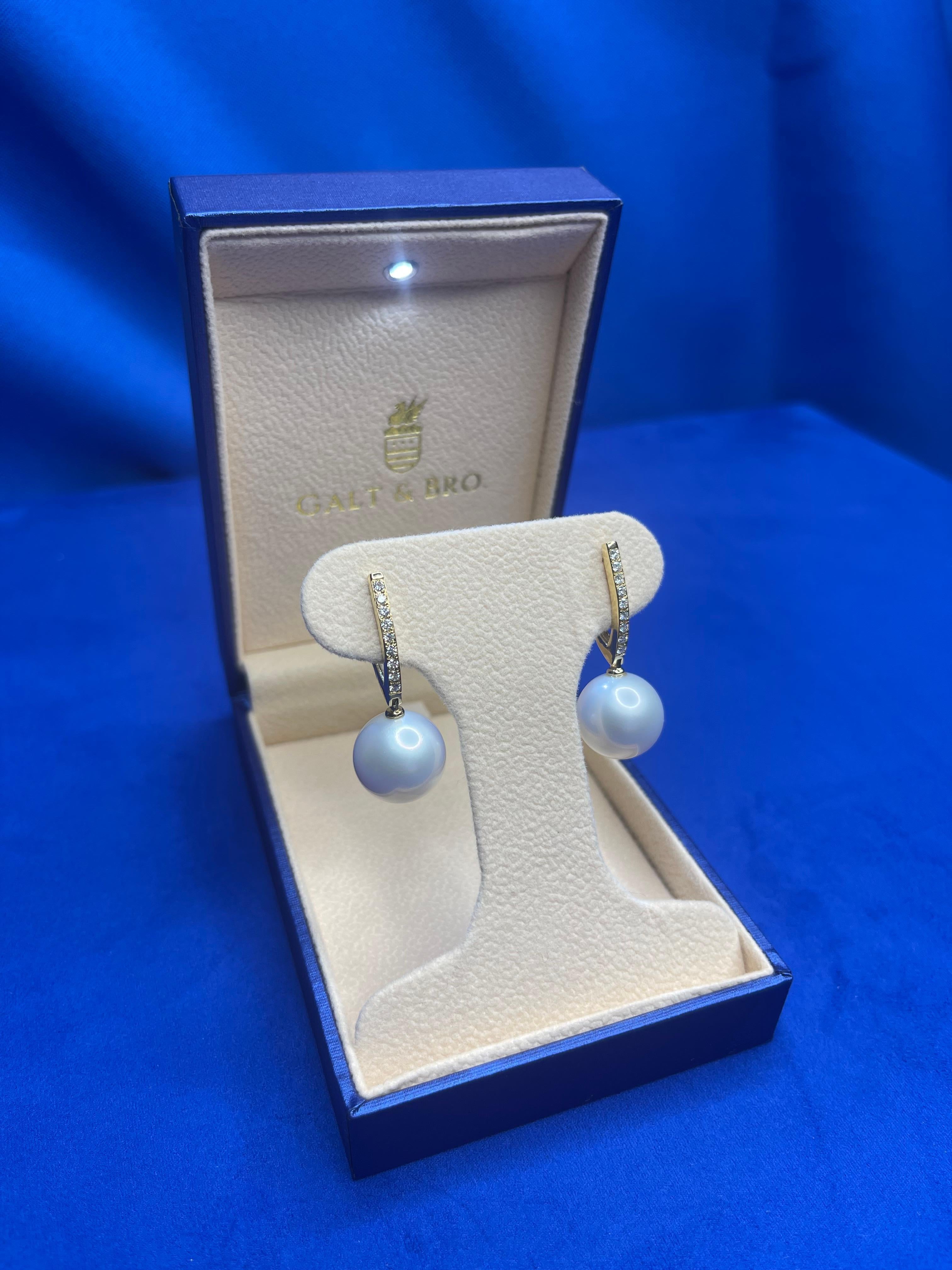 South Sea White Pearl Diamond 18 Karat Yellow Gold Hinge Line Drop Hoop Earrings