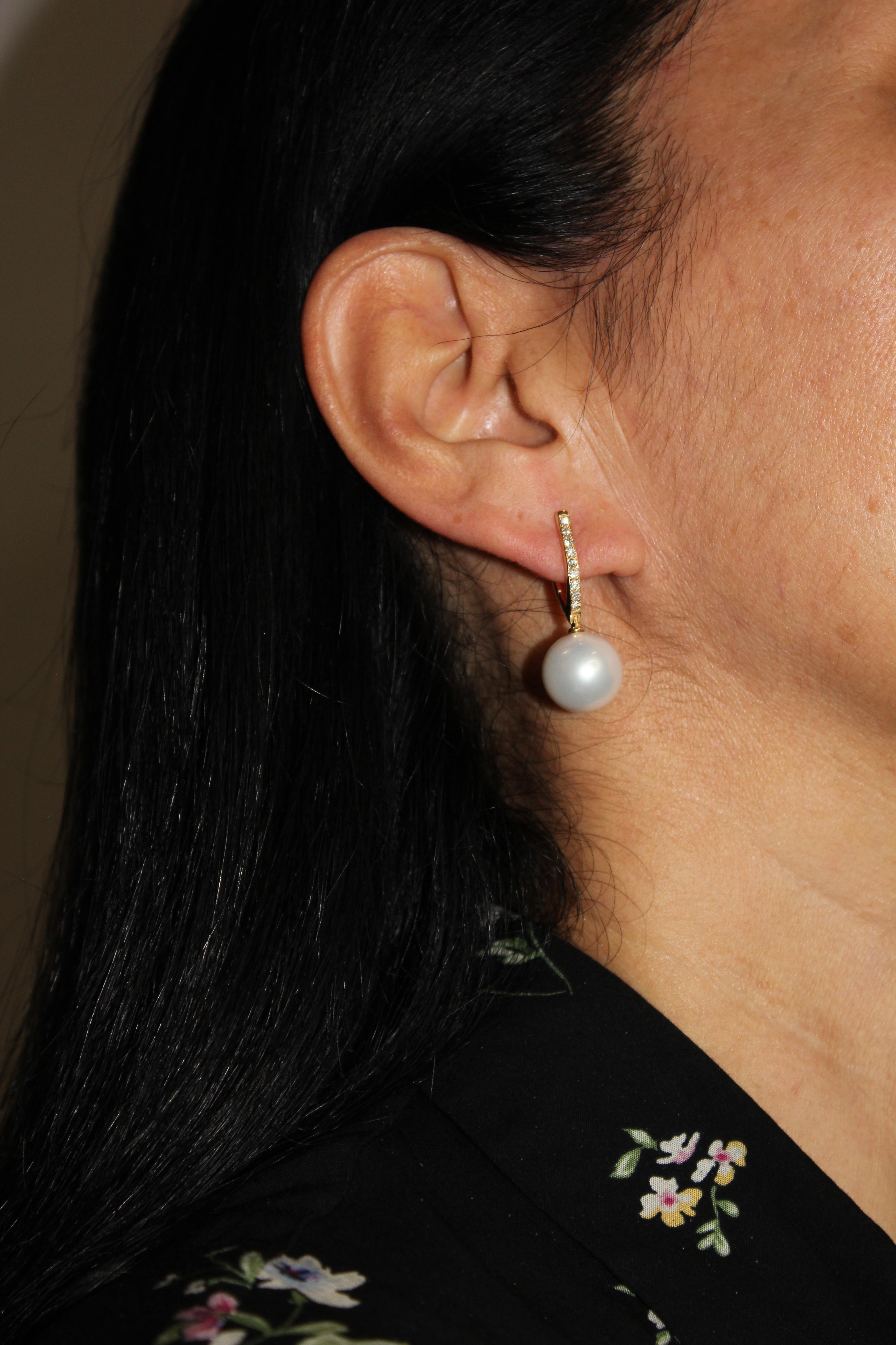 South Sea White Pearl Diamond 18 Karat Yellow Gold Hinge Line Drop Hoop Earrings