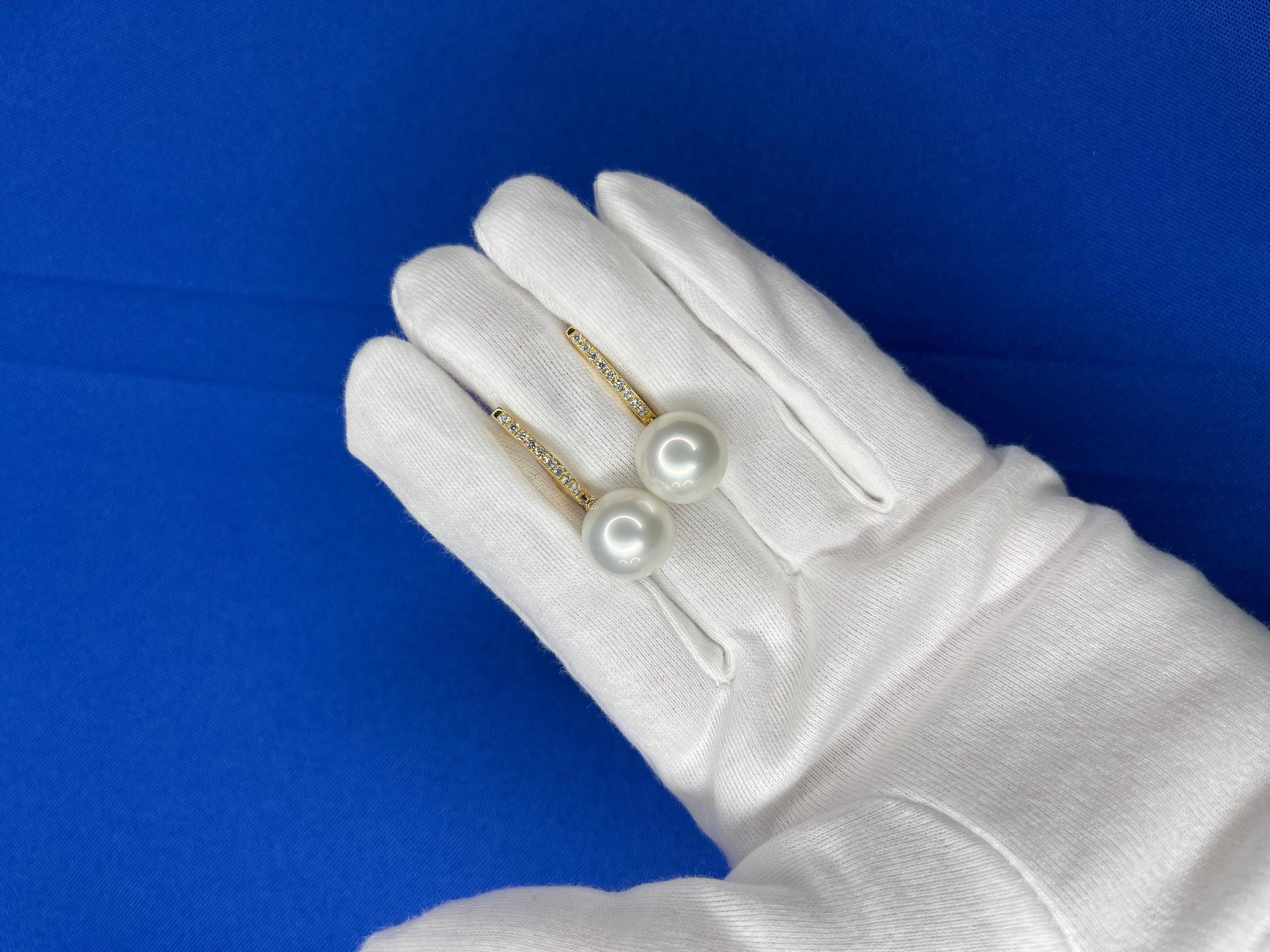 South Sea White Pearl Diamond 18 Karat Yellow Gold Hinge Line Drop Hoop Earrings