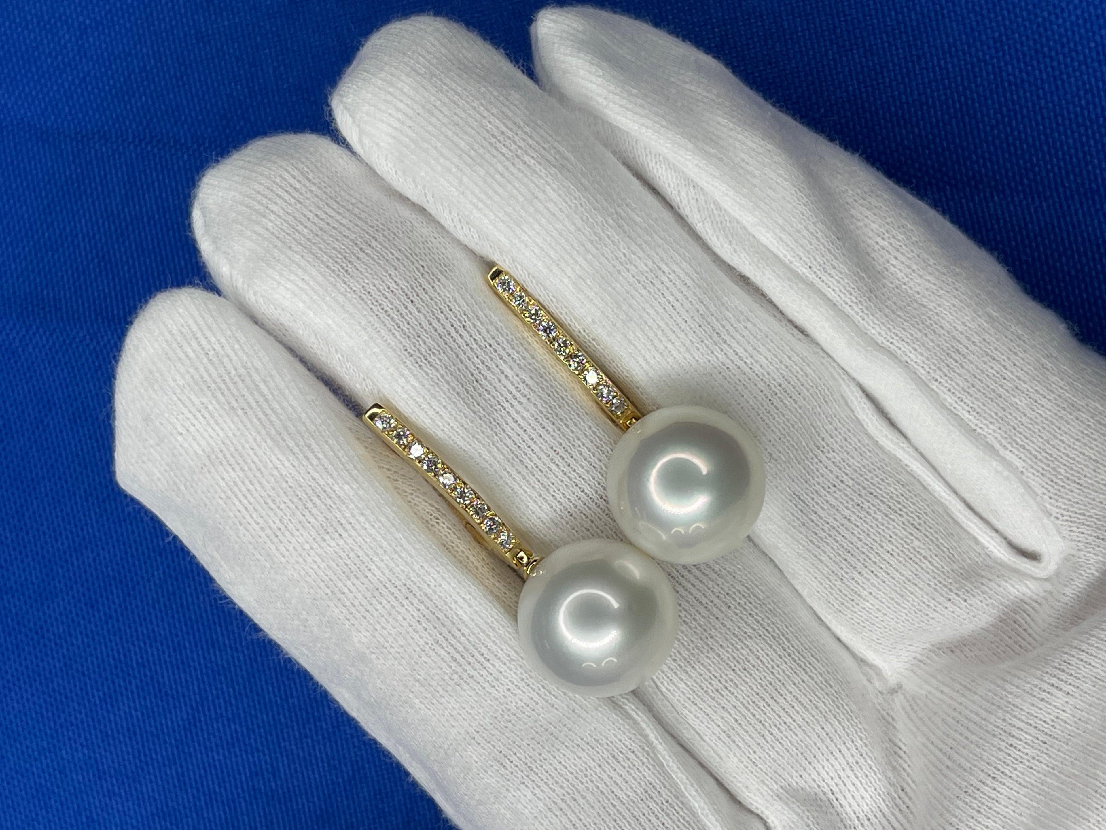 South Sea White Pearl Diamond 18 Karat Yellow Gold Hinge Line Drop Hoop Earrings