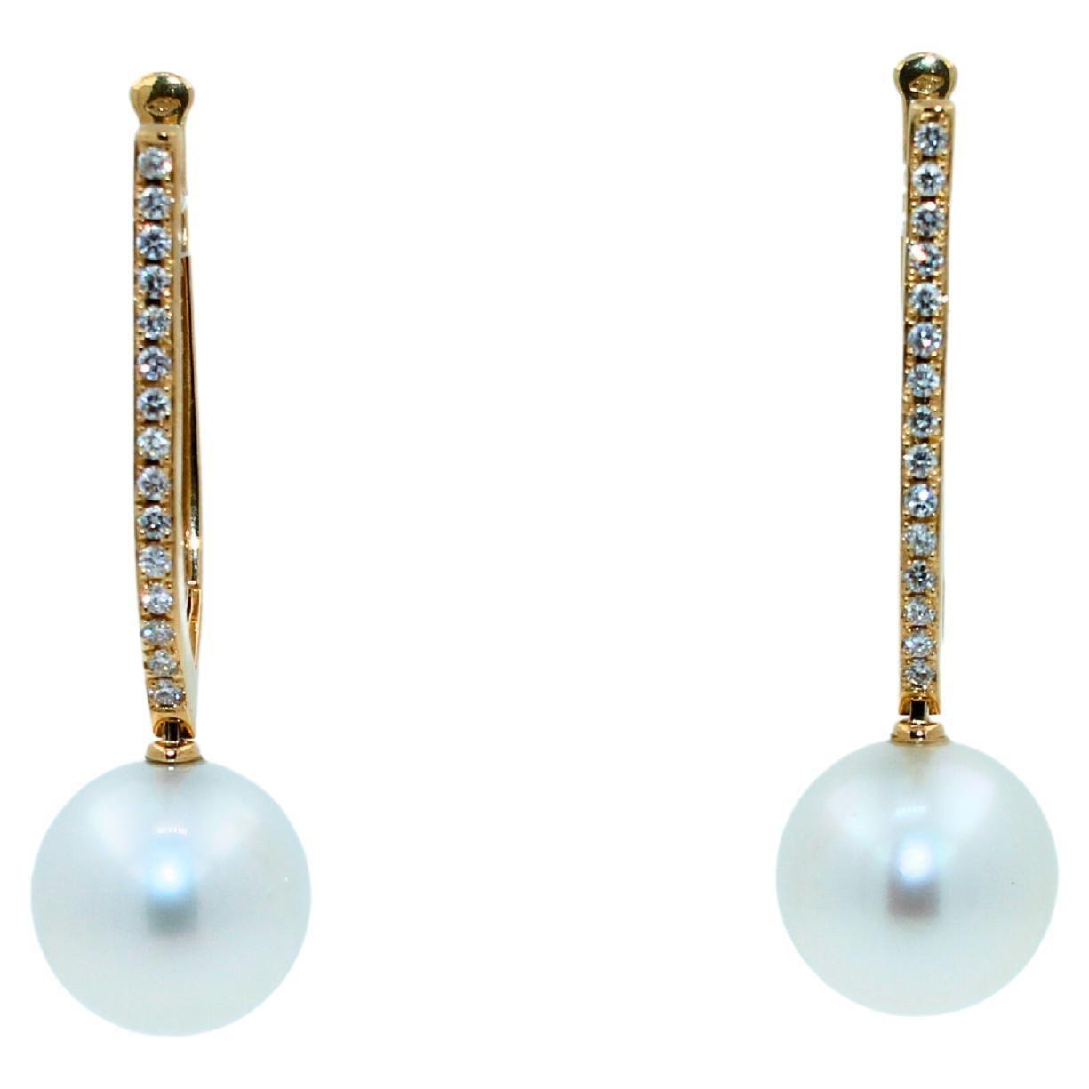 South Sea White Pearl Diamond 18 Karat Yellow Gold Hinge Line Drop Hoop Earrings