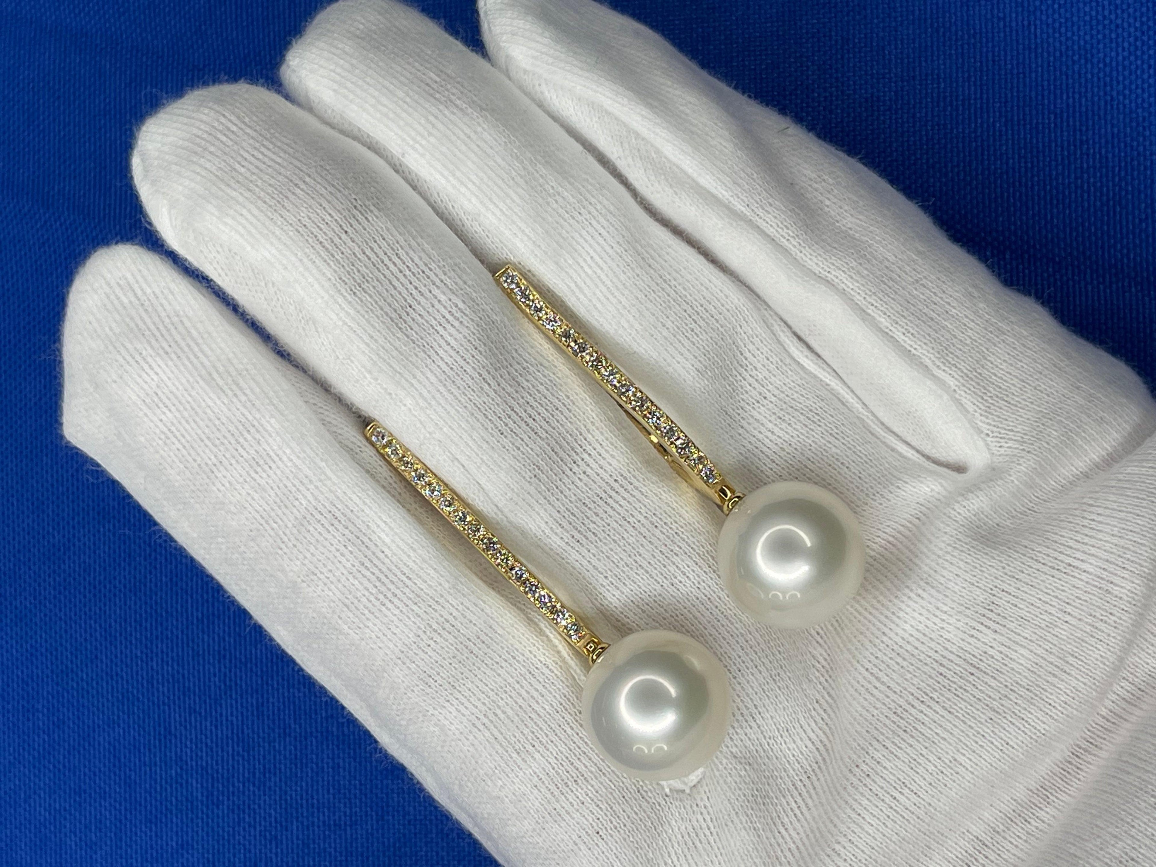 South Sea White Pearl Diamond 18 Karat Yellow Gold Hinge Line Drop Hoop Earrings