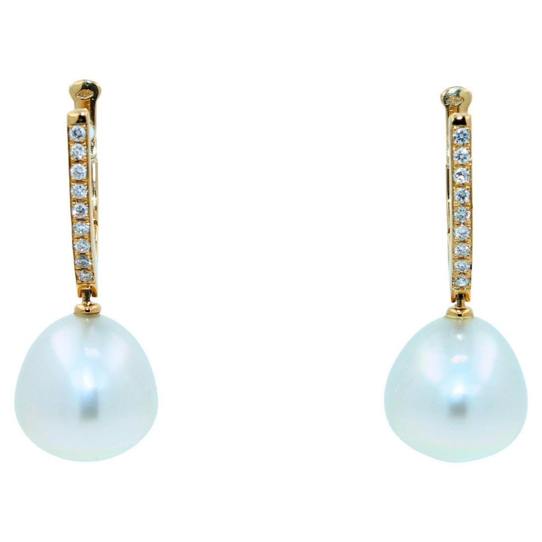 South Sea White Pearl Diamond 18 Karat Yellow Gold Hinge Line Drop Hoop Earrings