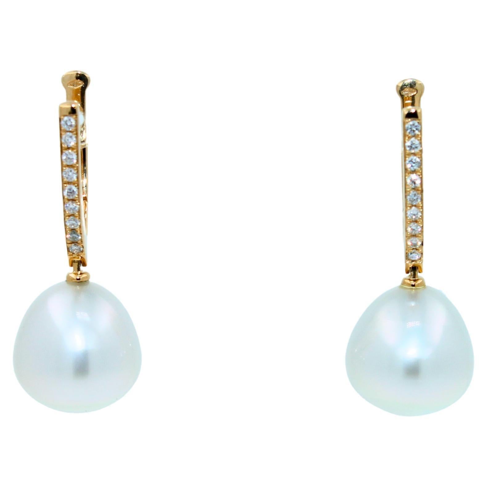 South Sea White Pearl Diamond 18 Karat Yellow Gold Hinge Line Drop Hoop Earrings