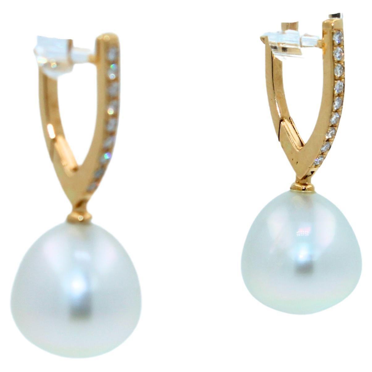 South Sea White Pearl Diamond 18 Karat Yellow Gold Hinge Line Drop Hoop Earrings