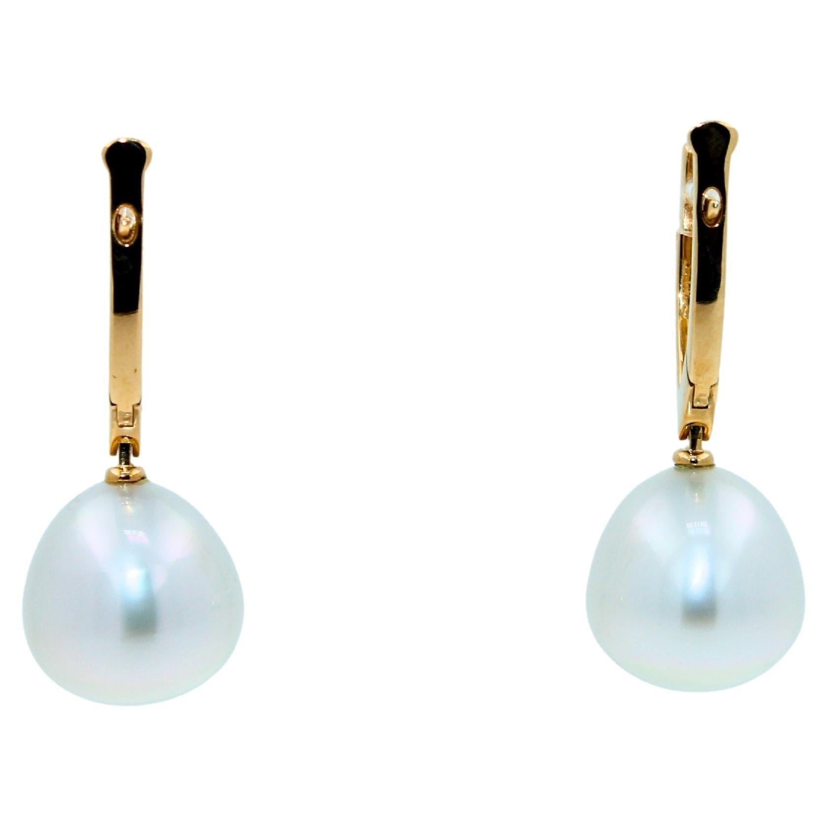 South Sea White Pearl Diamond 18 Karat Yellow Gold Hinge Line Drop Hoop Earrings