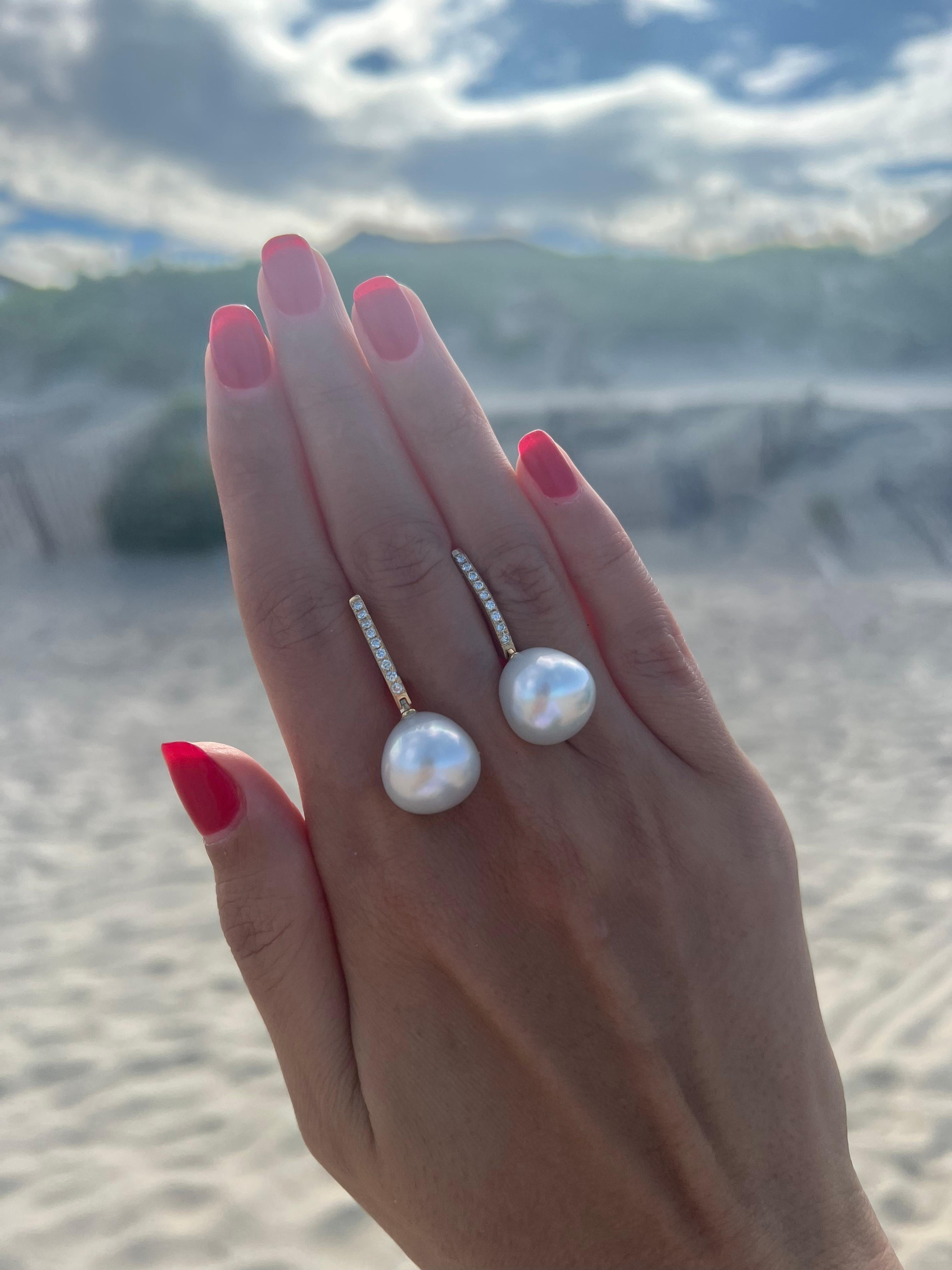 South Sea White Pearl Diamond 18 Karat Yellow Gold Hinge Line Drop Hoop Earrings