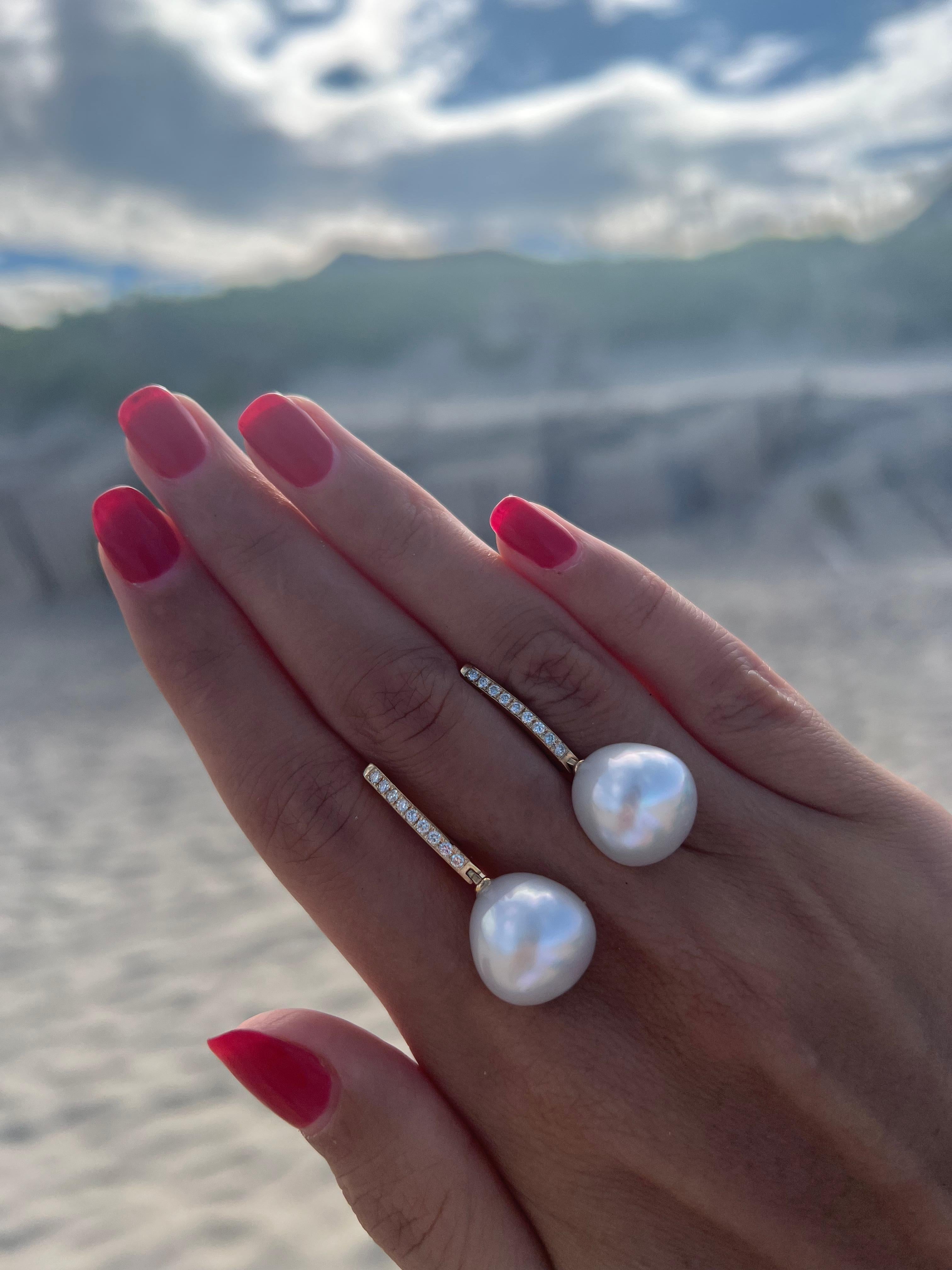 South Sea White Pearl Diamond 18 Karat Yellow Gold Hinge Line Drop Hoop Earrings