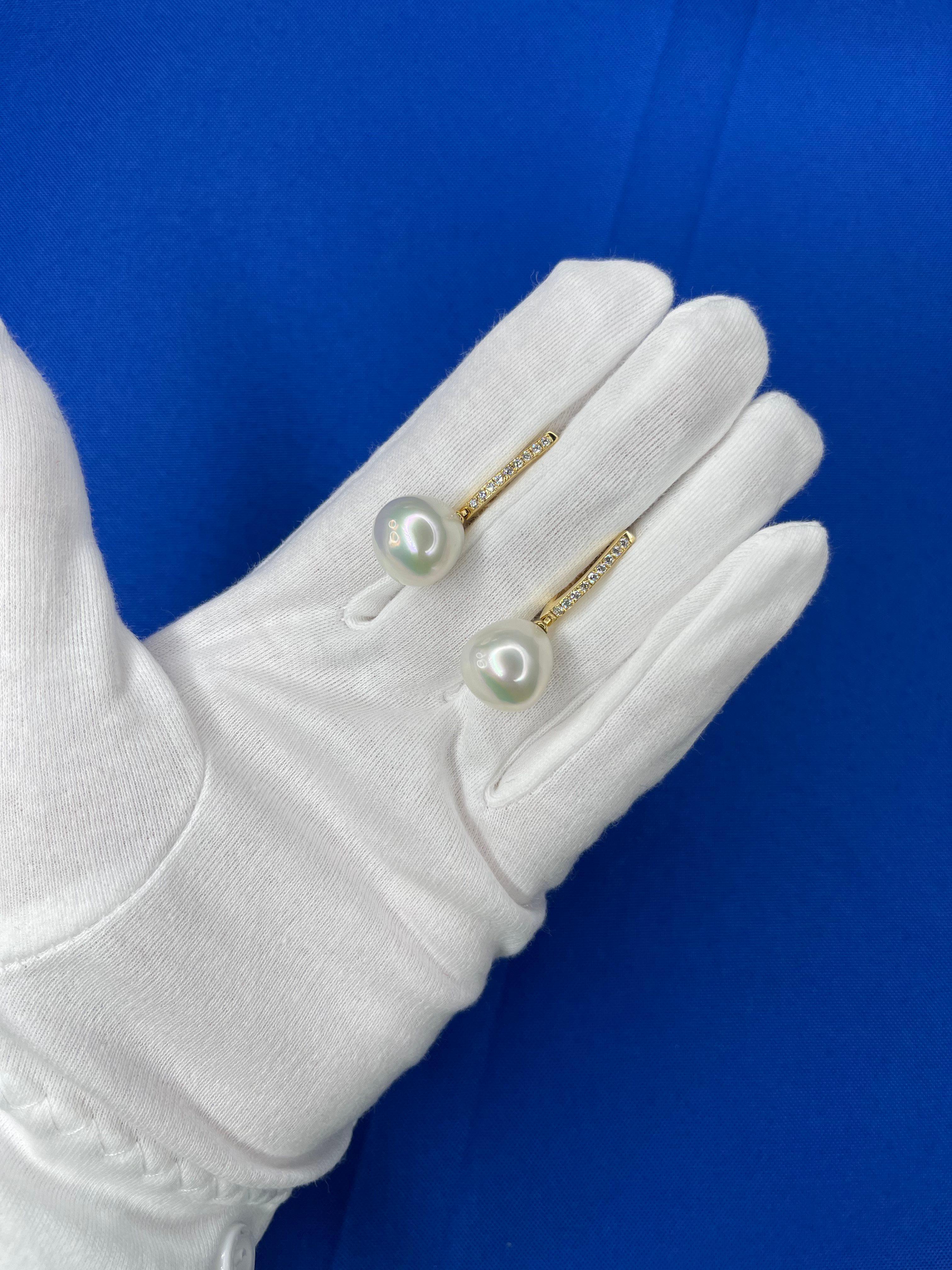South Sea White Pearl Diamond 18 Karat Yellow Gold Hinge Line Drop Hoop Earrings