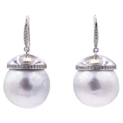 South Sea White Pearl Diamond Halo Pave 14 Karat White Gold Hook Drop Earrings