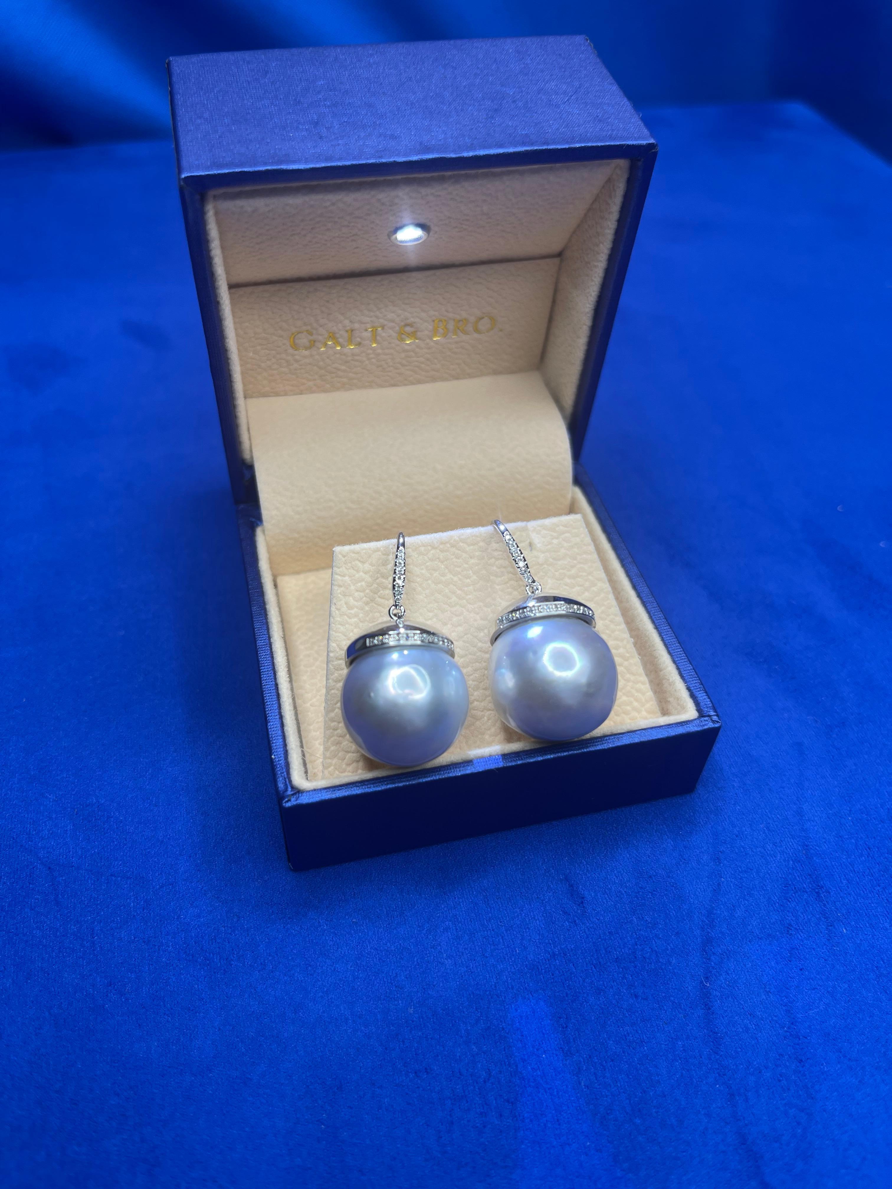 South Sea White Pearl Diamond Halo Pave 14 Karat White Gold Hook Drop Earrings