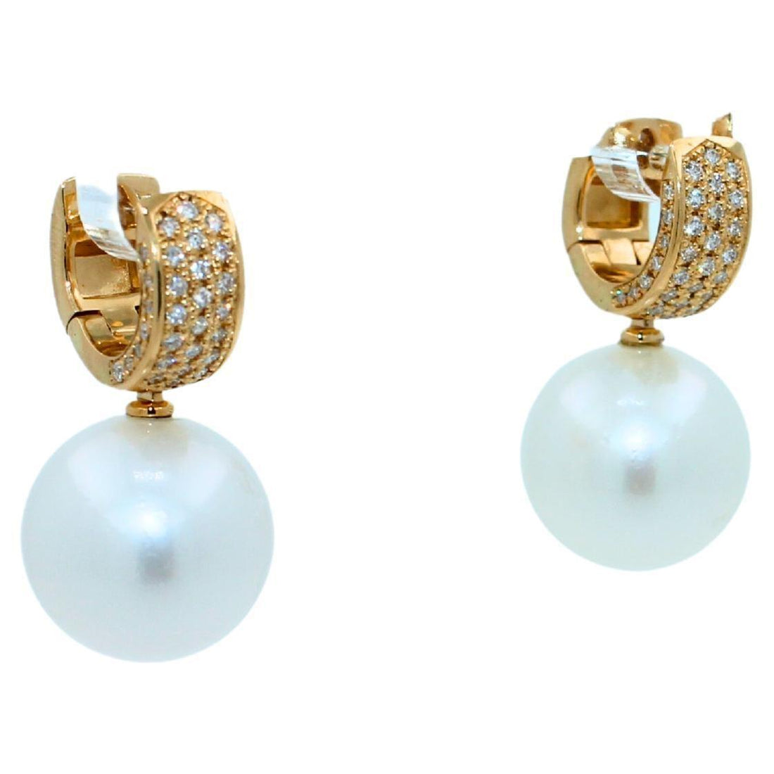 South Sea White Round Pearl Diamond 18K Yellow Gold Hinge Pave Huggie Earrings