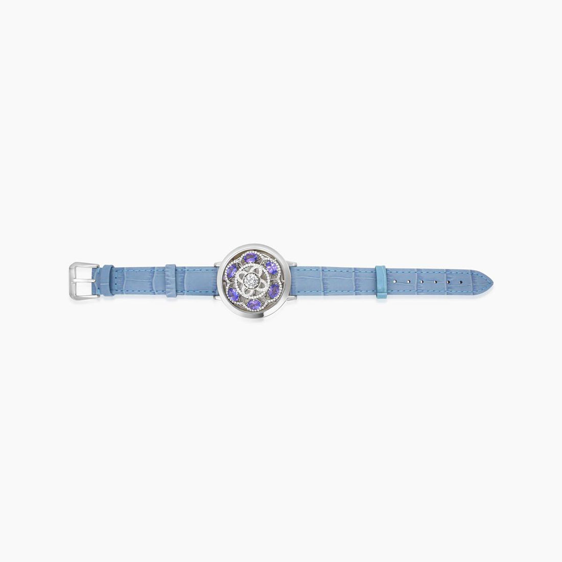 White Shell Tanzanite & Diamond 18K White Gold Watch Dial Leather Bracelet