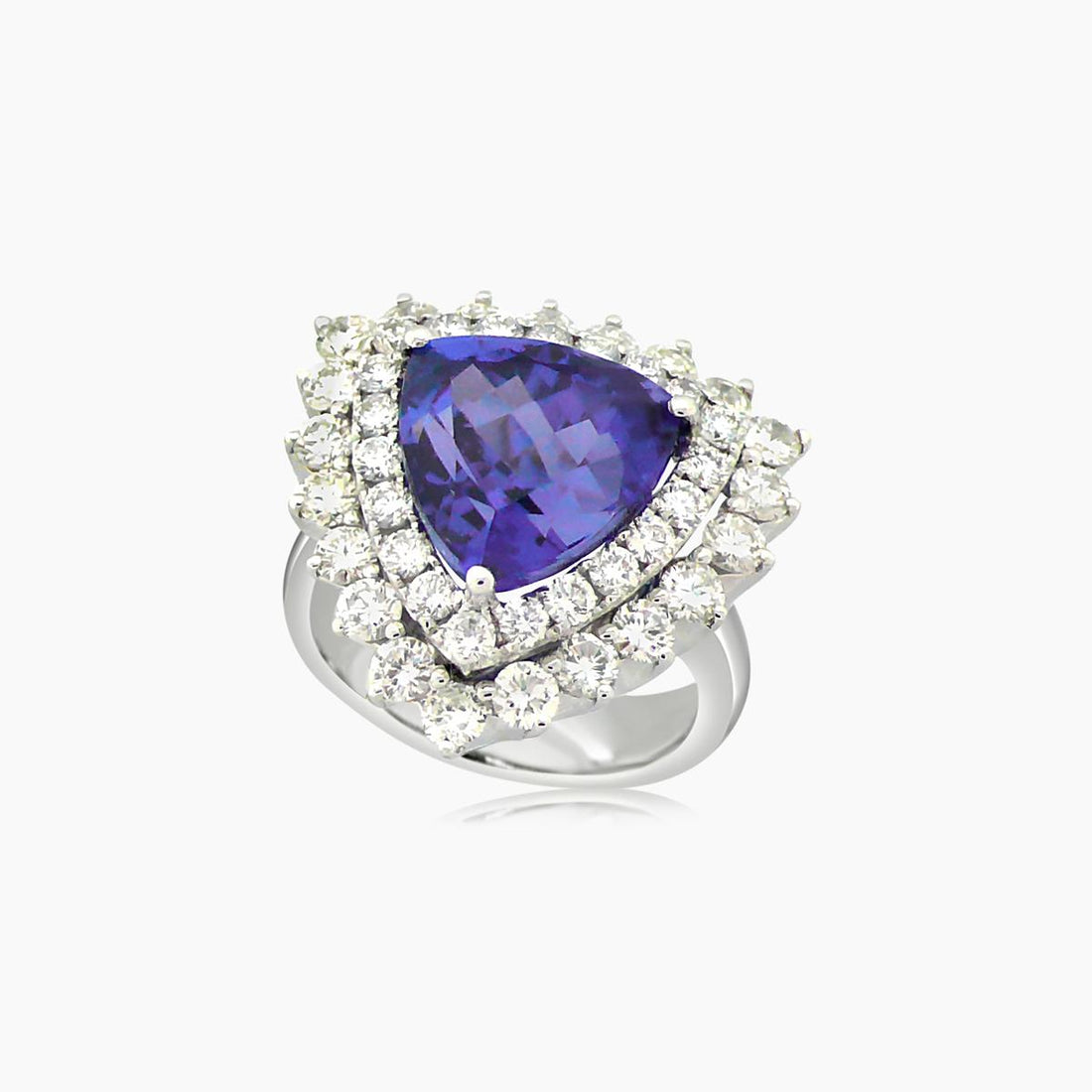 Trillion Shape Blue Tanzanite & White Diamond Halo 18K White Gold Trillion Ring