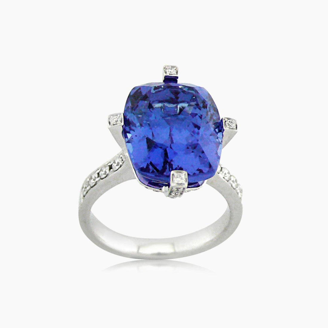 Cushion Shape Blue Tanzanite & White Diamond 18K White Gold Ring