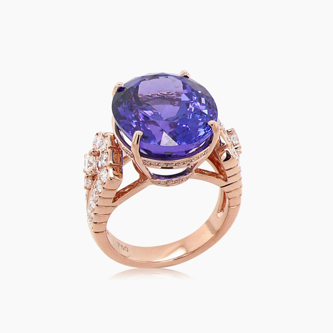 Oval Shape Blue Tanzanite & White Diamond 18K Rose Gold Ring