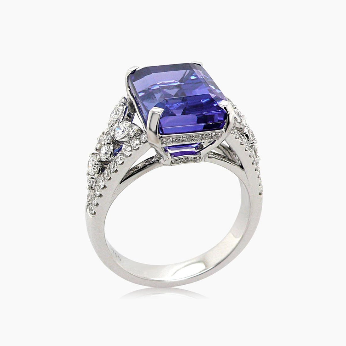 Blue Emerald Cut Tanzanite & White Diamond 18K White Gold Ring
