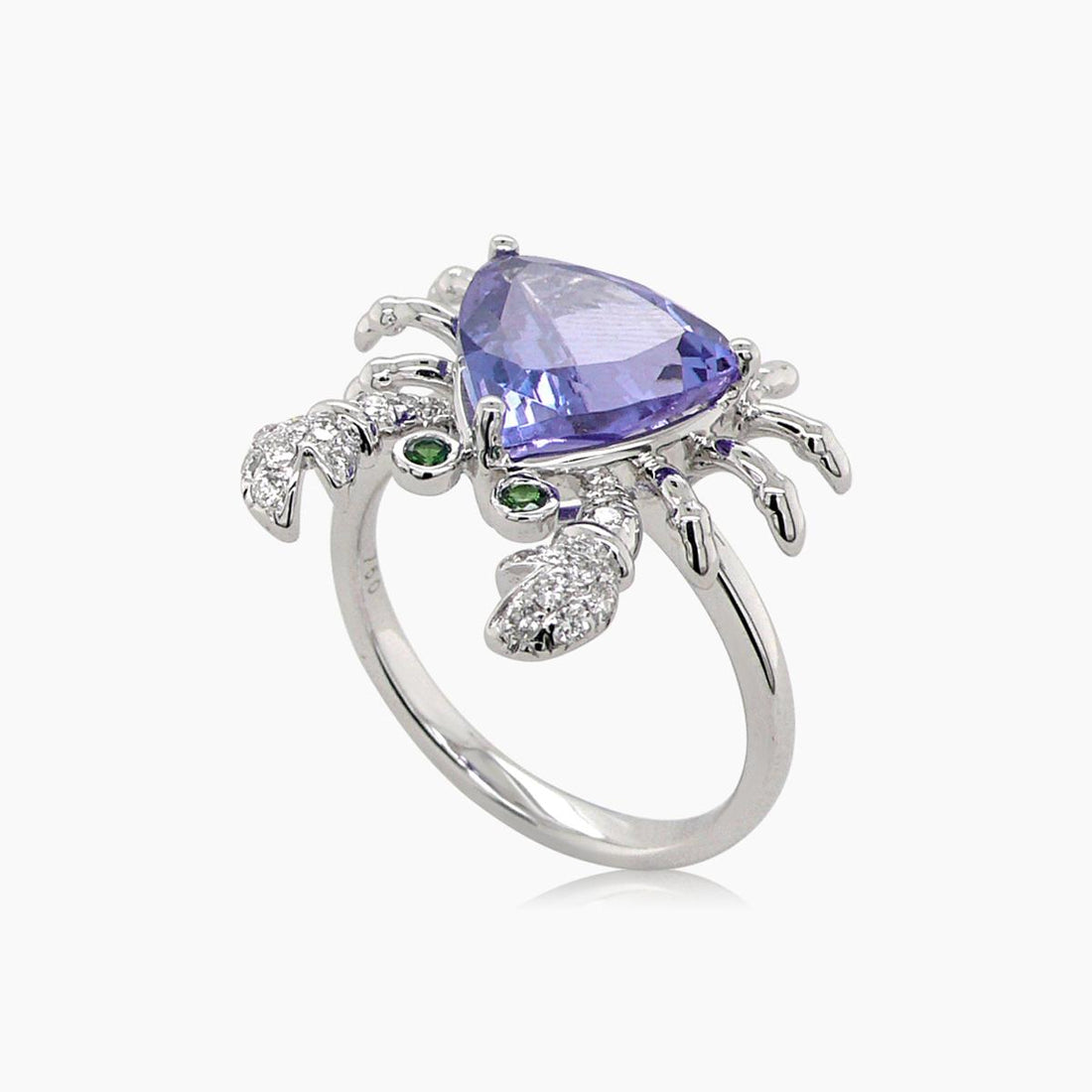 Crab Sea Cancer Diamond Pave & Blue Tanzanite 18K White Gold Animal Ring