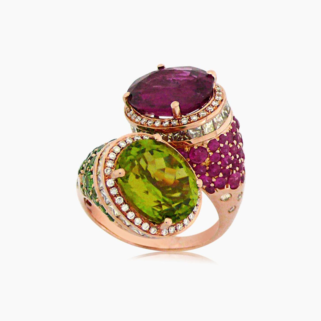 Oval Shape Red Tourmaline & Ruby & Green Garnet & Diamond 18K Rose Gold Ring